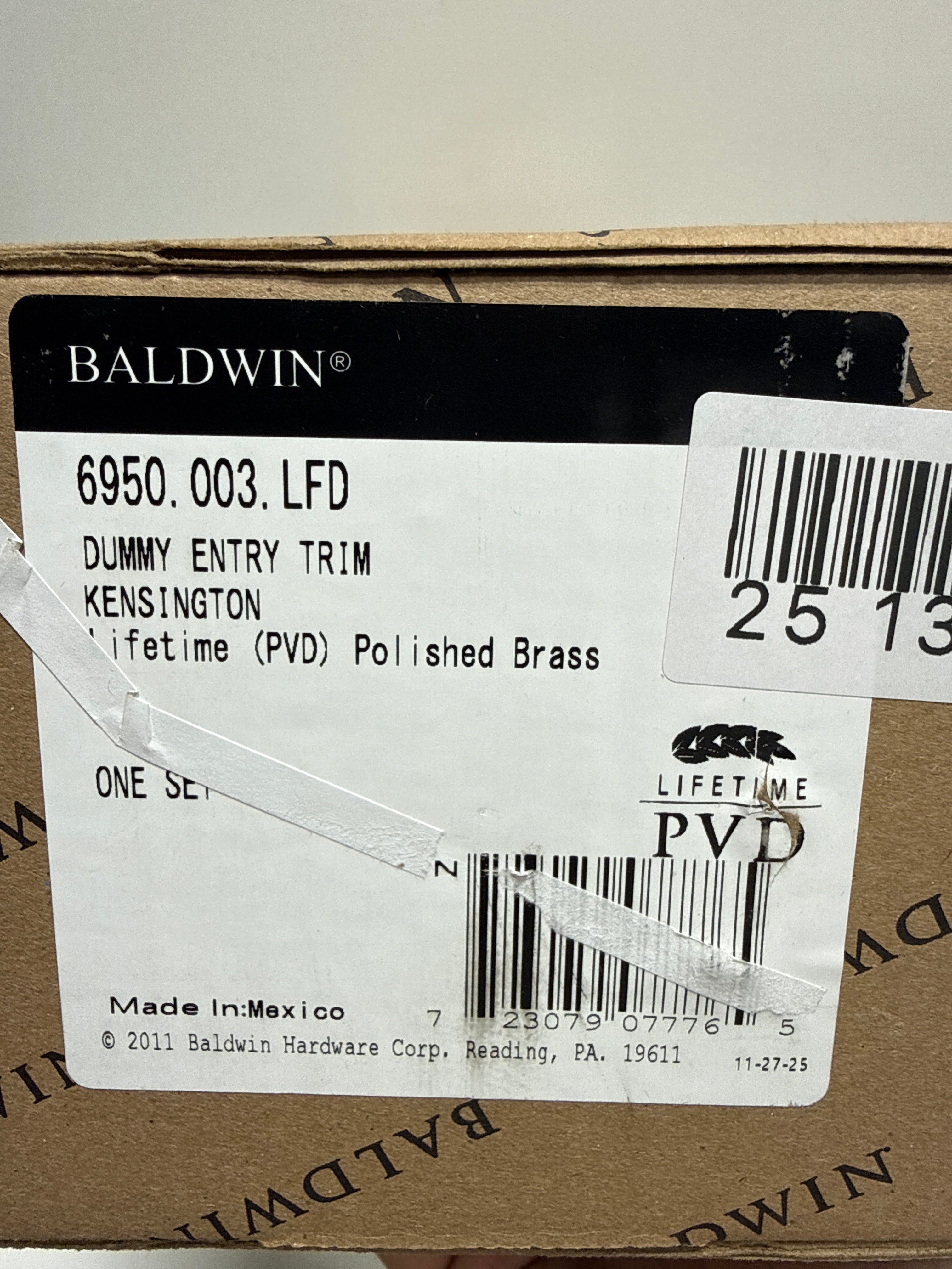 Baldwin 6950.LFD Kensington Left Hand Dummy Handleset Trim Set Lifetime Polished Brass - *Tools Hardware & Misc