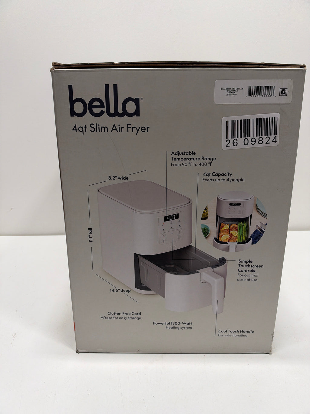 Air Fryer Bella 4qt Slim Evergood Ceramic Nonstick Oatmilk