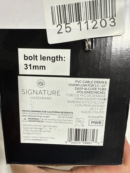 Signature Hardware 948045 PVC Cable Drain and Overflow for 17" - 22" Deep Alcove Tubs Polished Nickel Bath