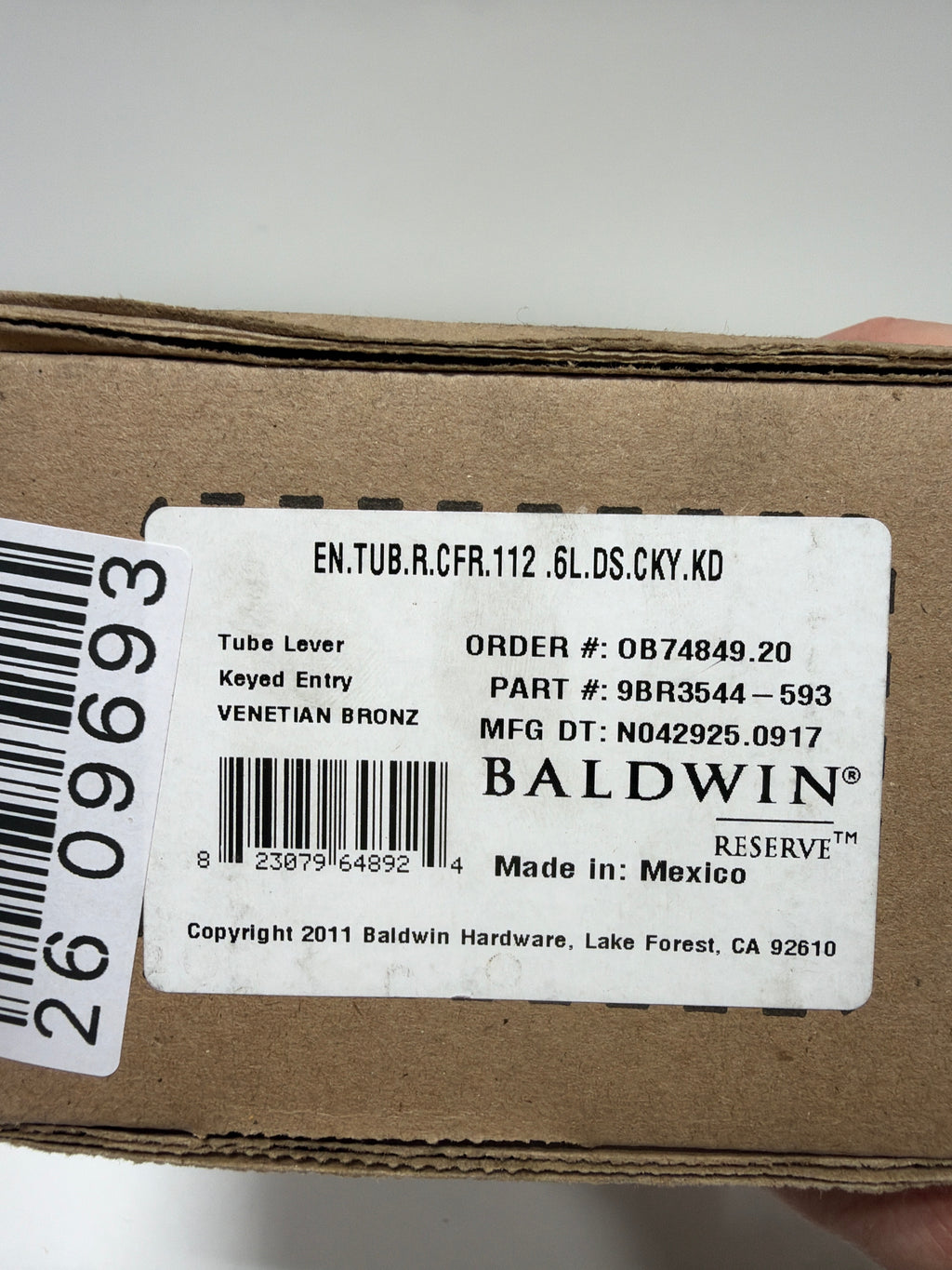 Baldwin EN.TUB.CFR Tube Single Cylinder Keyed Entry Door Lever Set with 5 Inch Rectangle Rose from the Reserve Collection Venetian Bronze Door