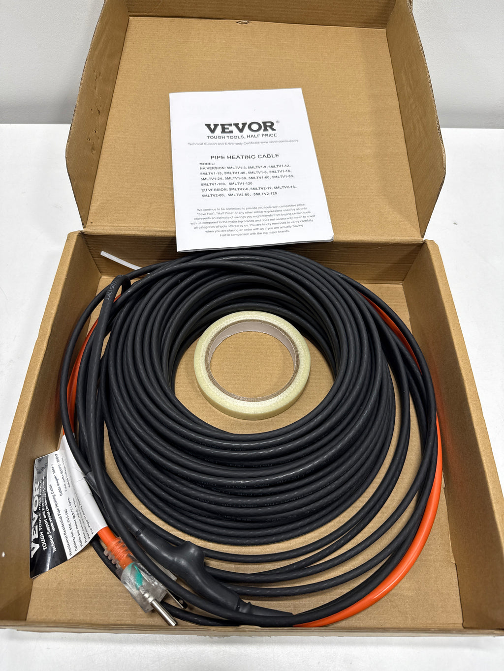 VEVOR 100ft. Pipe Heat Cable 5W/ft. Self-Regulating Heat Tape IP68 110V with Build-in Thermostat for PVC Metal Plastic Hose