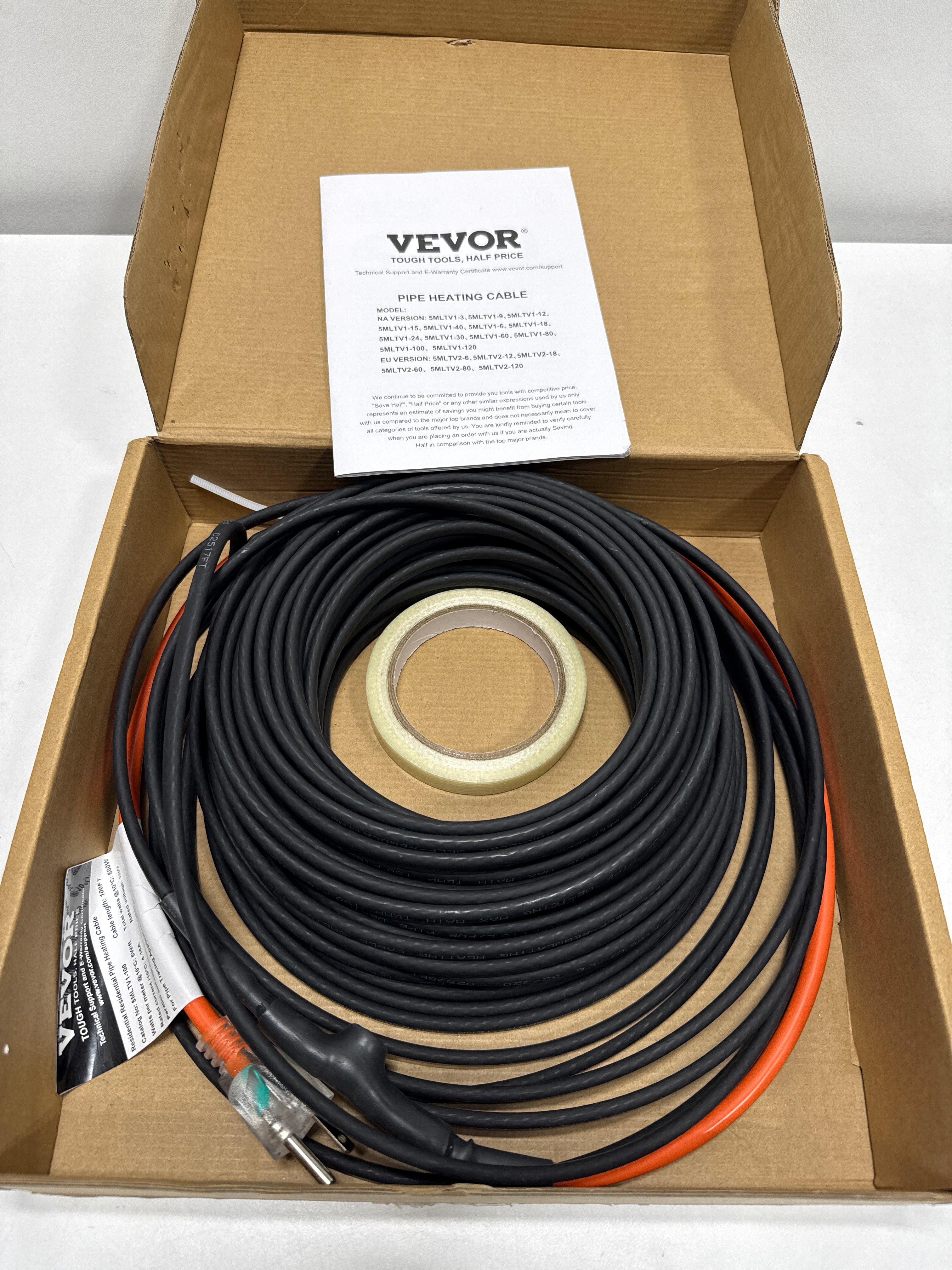 VEVOR 100ft. Pipe Heat Cable 5W/ft. Self-Regulating Heat Tape IP68 110V with Build-in Thermostat for PVC Metal Plastic Hose