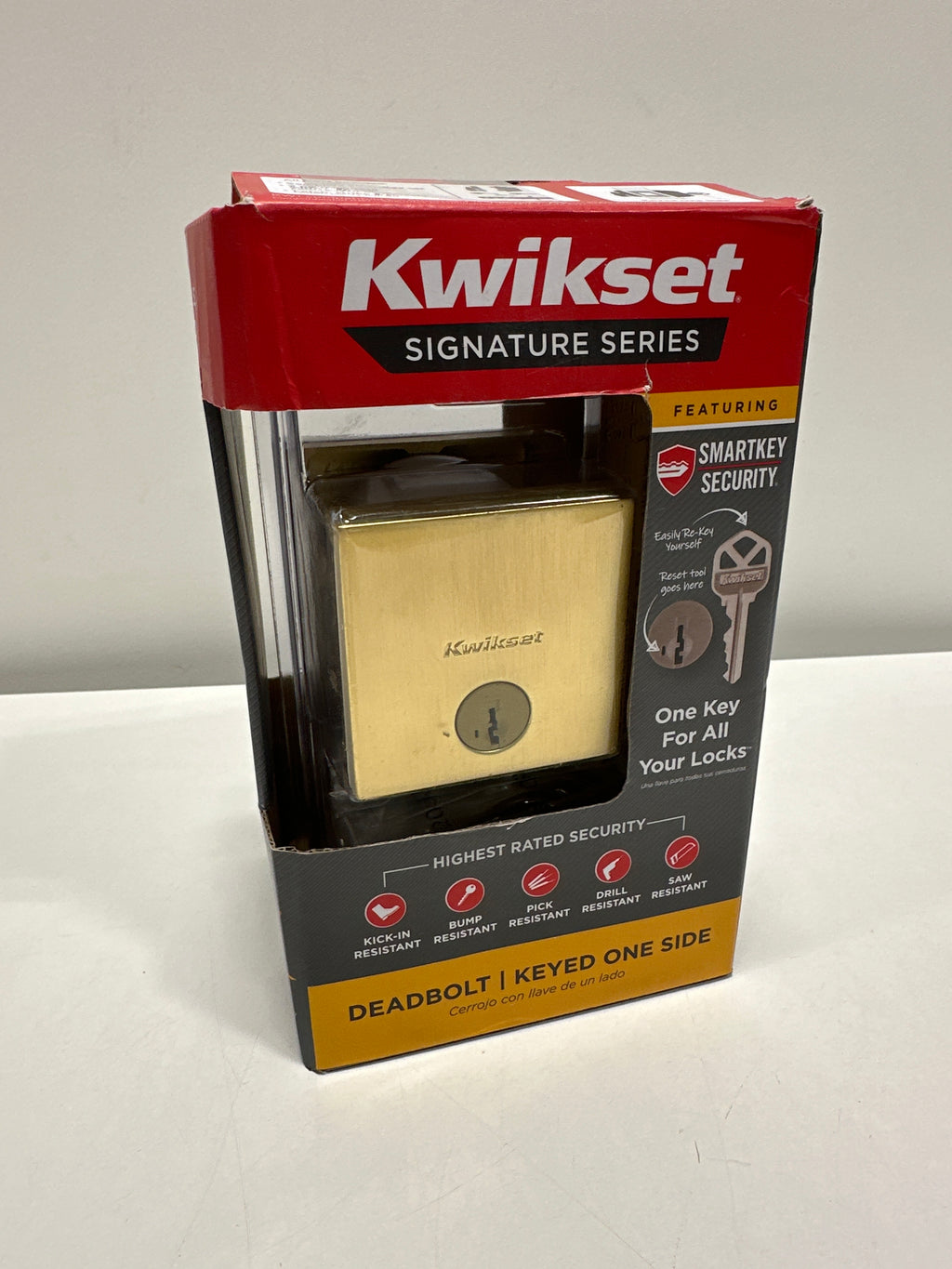 Downtown Low Profile Satin Brass Single Cylinder Square Contemporary Deadbolt Featuring SmartKey Security - *Tools