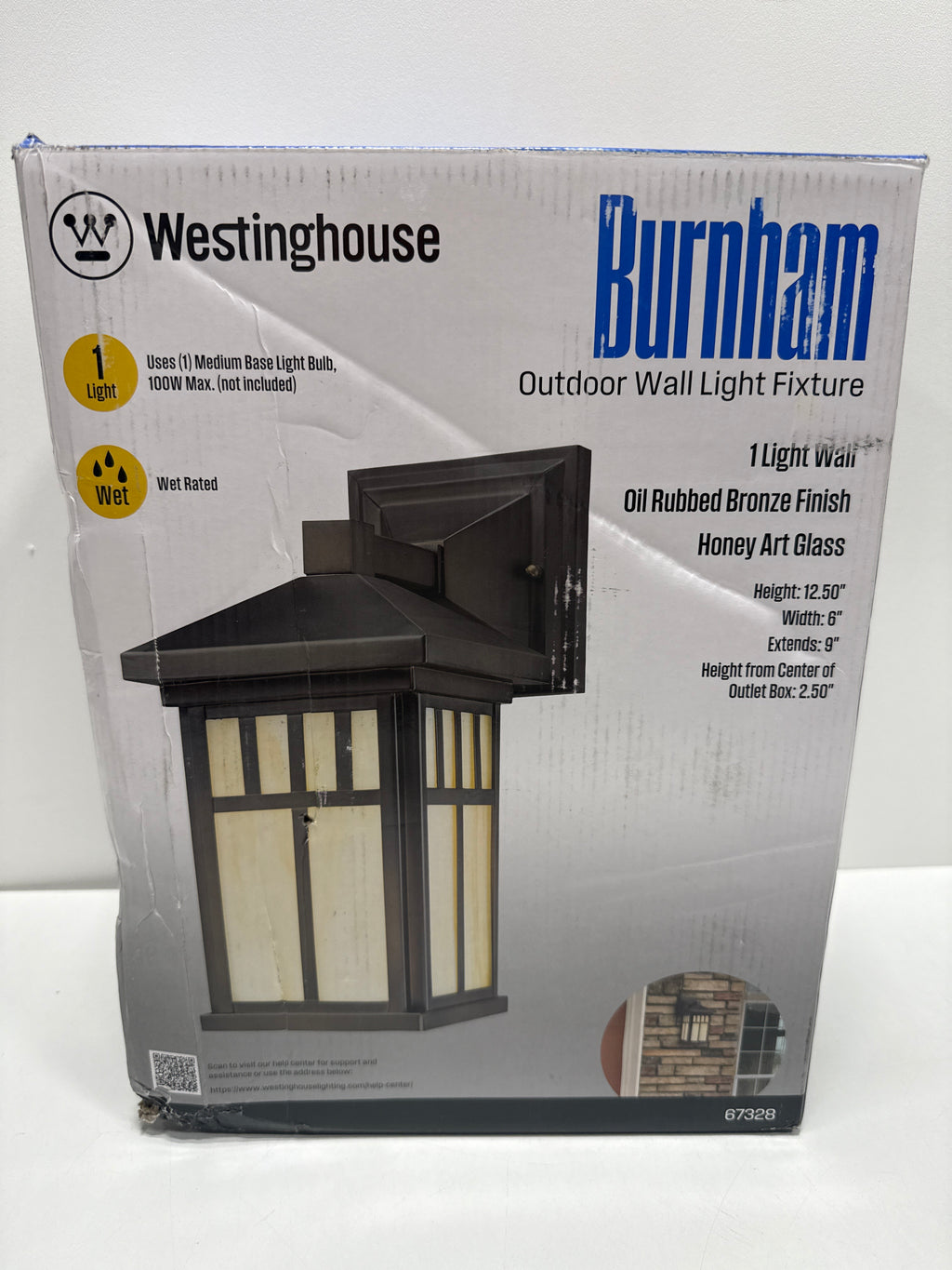 Westinghouse 6732800 Burnham One-Light Exterior Wall Lantern on Steel with Honey Art Glass, Oil Rubbed Bronze Finish