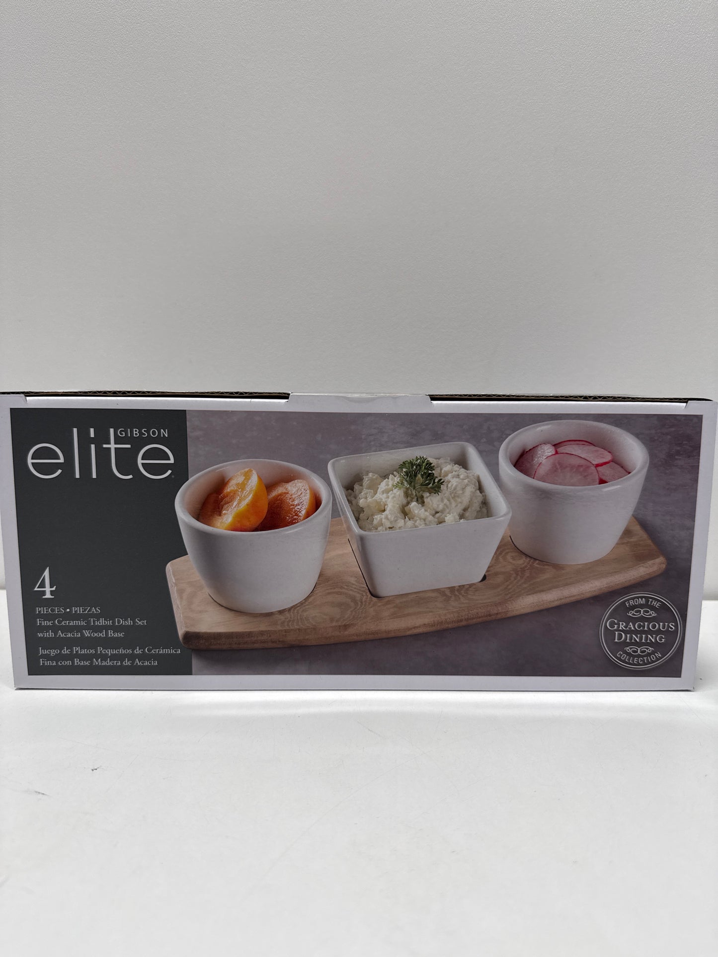 Gracious Dining 4 Piece Fine Ceramic Tidbit Dish Set with Acacia Wood Base