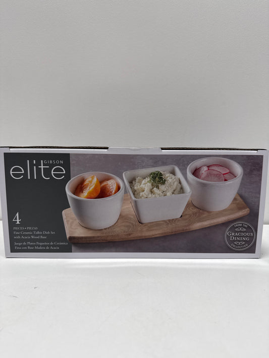 Gracious Dining 4 Piece Fine Ceramic Tidbit Dish Set with Acacia Wood Base