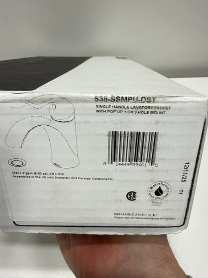 Delta Lahara Brushed Nickel Bathroom Faucet 1 Hole, Single Hole Bathroom Sink Faucet for Vanity, Metal Push-Pop Drain Assembly, Stainless 538-SSMPU-DST