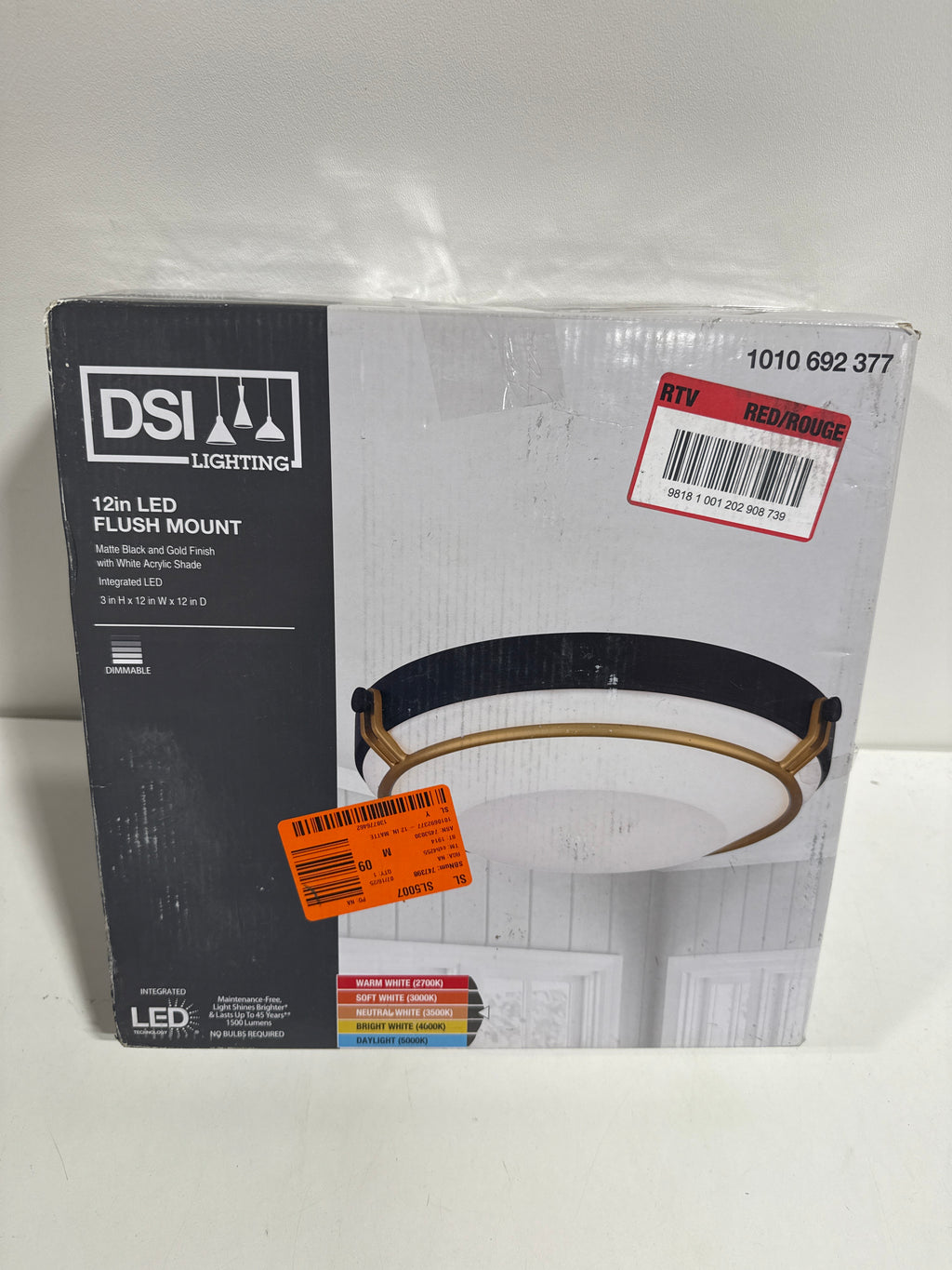 12 in. Matte Black and Gold Integrated LED Flush Mount with White Acrylic Shade - *Lighting & Electrical