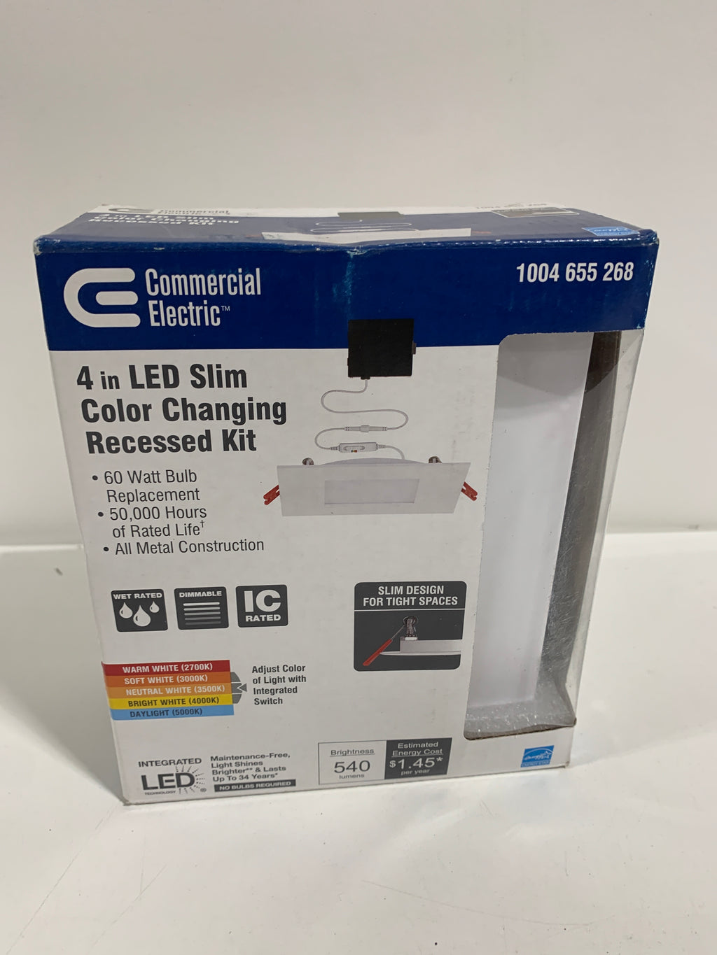 Ultra Slim Integrated LED 4 in Square Adj Color Temp Canless Recessed Light for Kitchen Bath Living rooms White