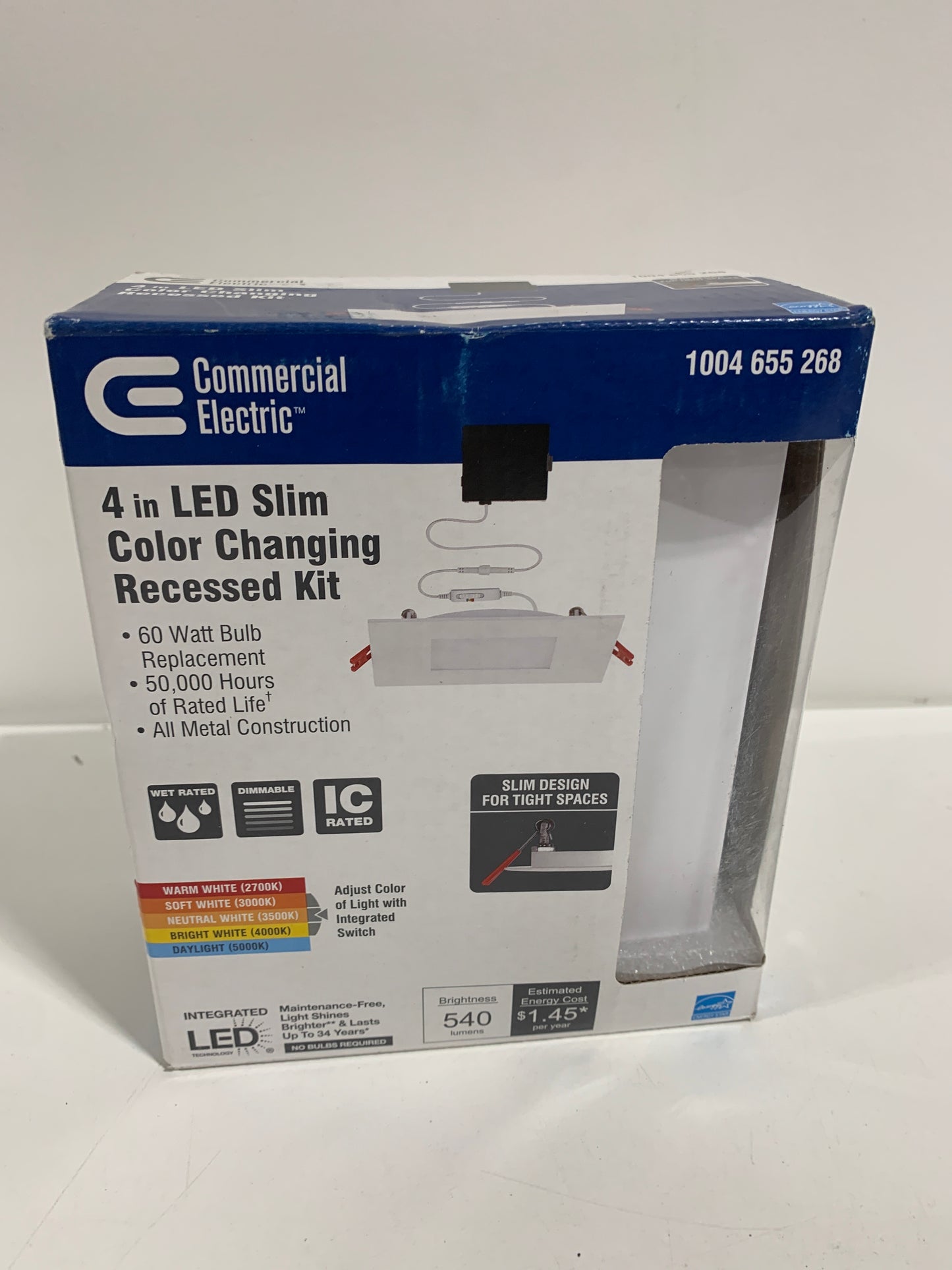 Ultra Slim Integrated LED 4 in Square Adj Color Temp Canless Recessed Light for Kitchen Bath Living rooms, White