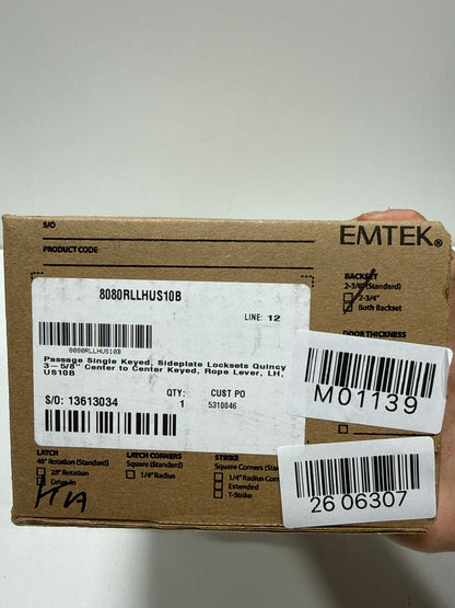 Emtek Link Emtek Passage Single Keyed, Sideplate Locksets Quincy 3-5/8'' Center to Center Keyed, Rope Lever, LH, US10B SKU: 8080RLLHUS10B