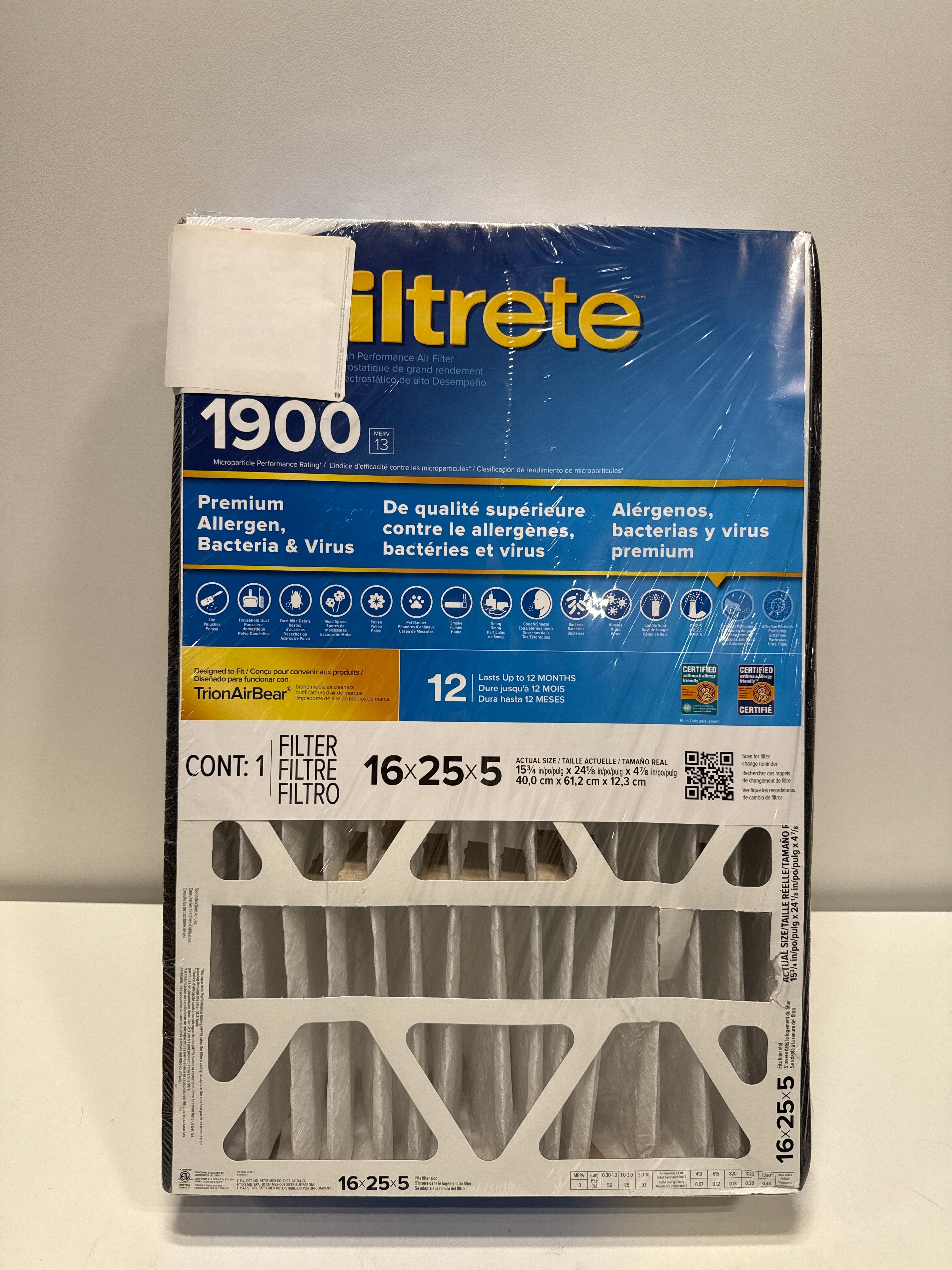 Filtrete Air Filter 5” MPR 1900 MERV 13 Premium Allergen Bacteria and Virus Filter Electrostatic Air Cleaning Deep
