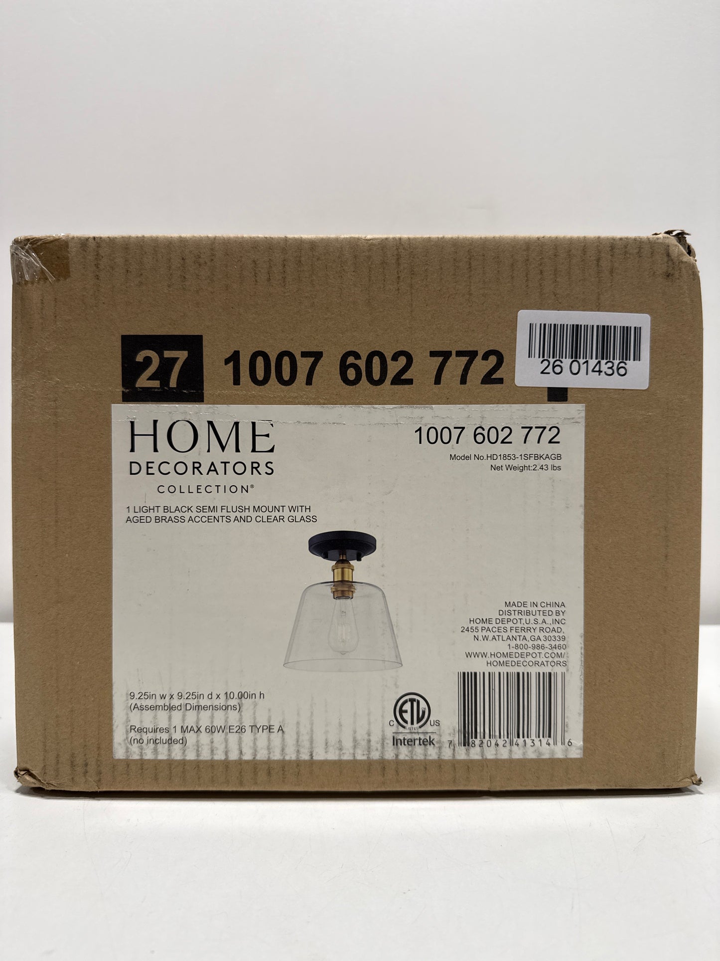Sherman 1-Light Black Semi Flush Mount with Aged Brass Accents and Clear Glass