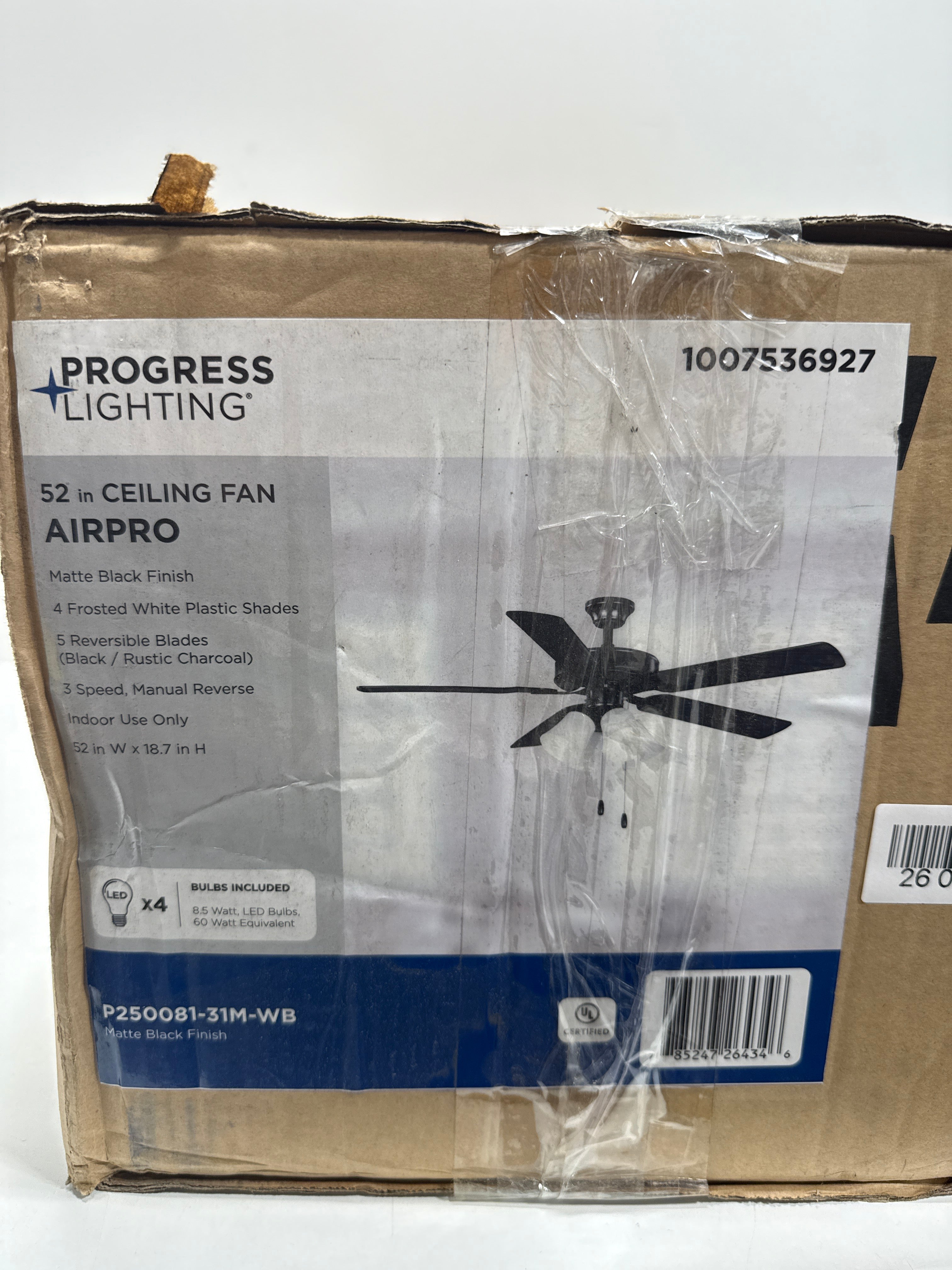 Progress Lighting AirPro 52 in. Matte Black 5-Blade AC Motor Transitional Ceiling Fan with Light