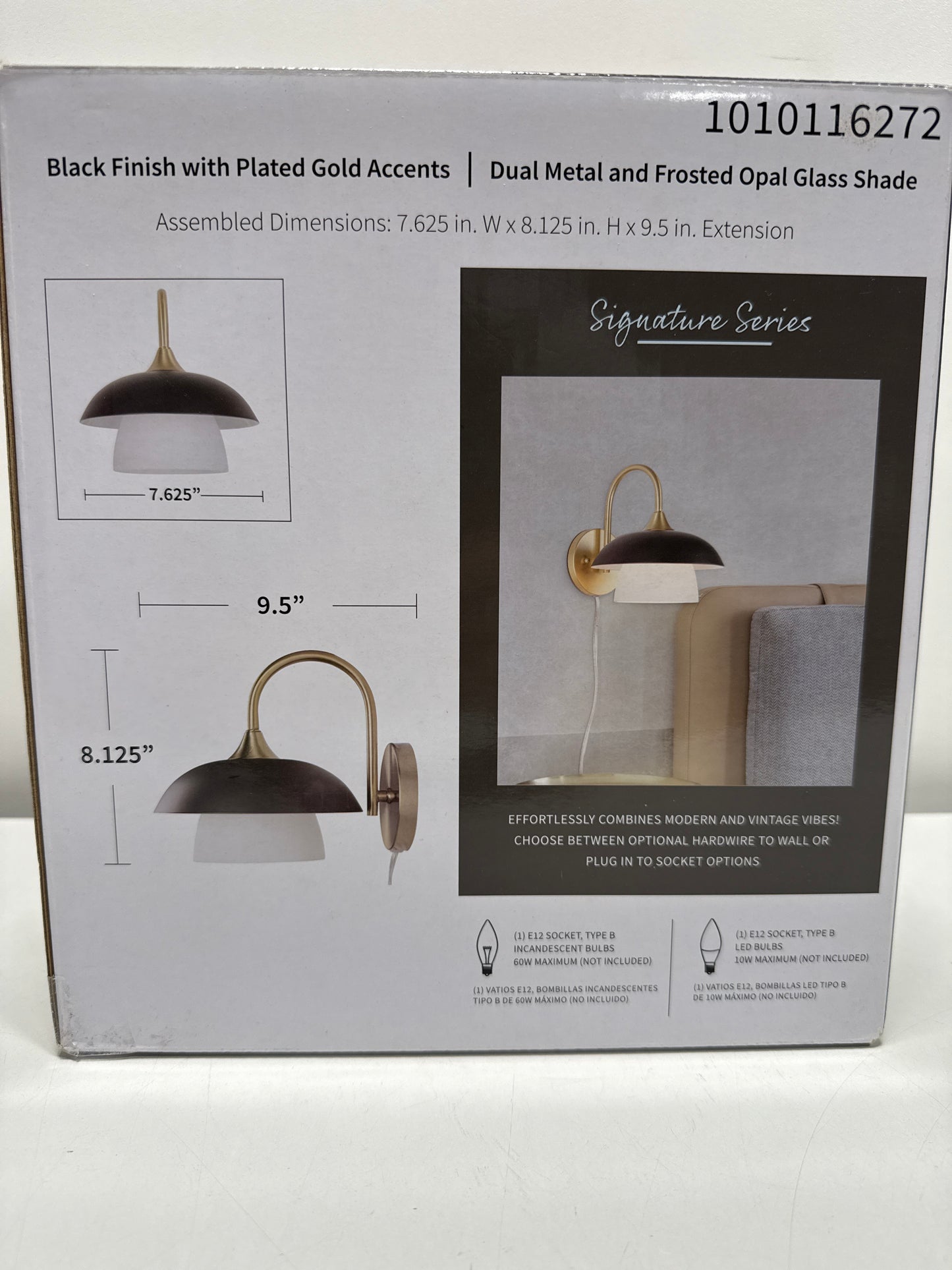 9.5 in. 1-Light Black and Gold Sconce with Metal and Frosted Glass Shade