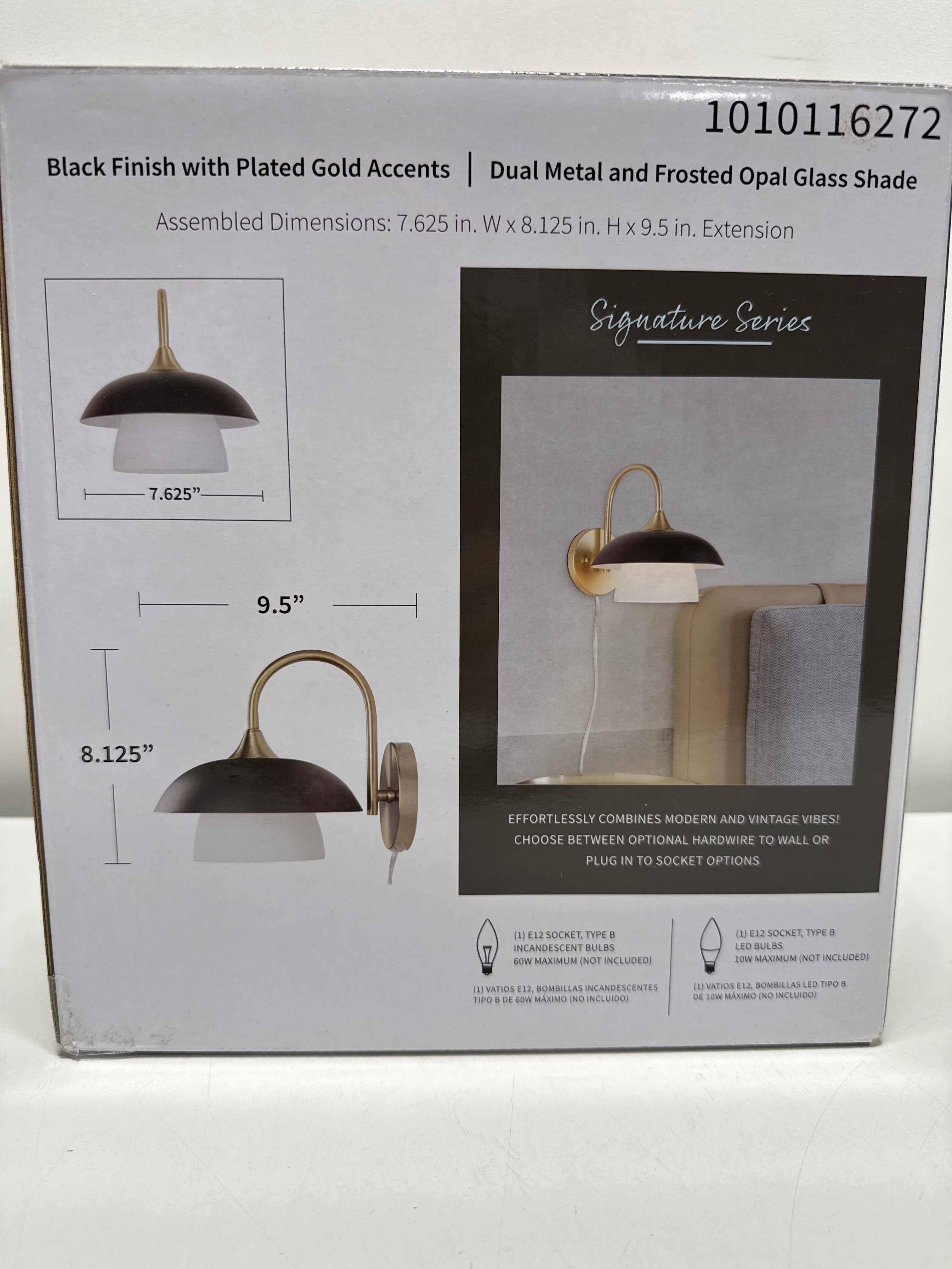 9.5 in. 1-Light Black and Gold Sconce with Metal and Frosted Glass Shade