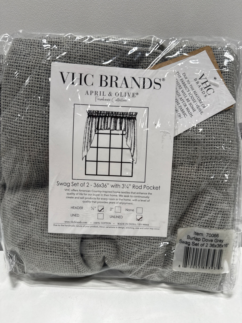 VHC Brands Burlap Dove Grey Farmhouse Curtains Swag Set of 2 36x36x16