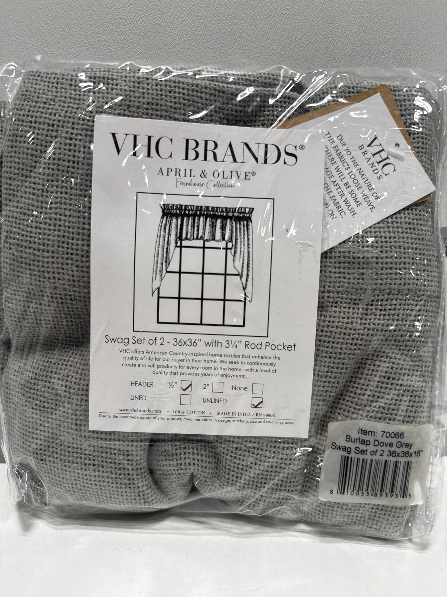 VHC Brands Burlap Dove Grey Farmhouse Curtains Swag Set of 2 36x36x16