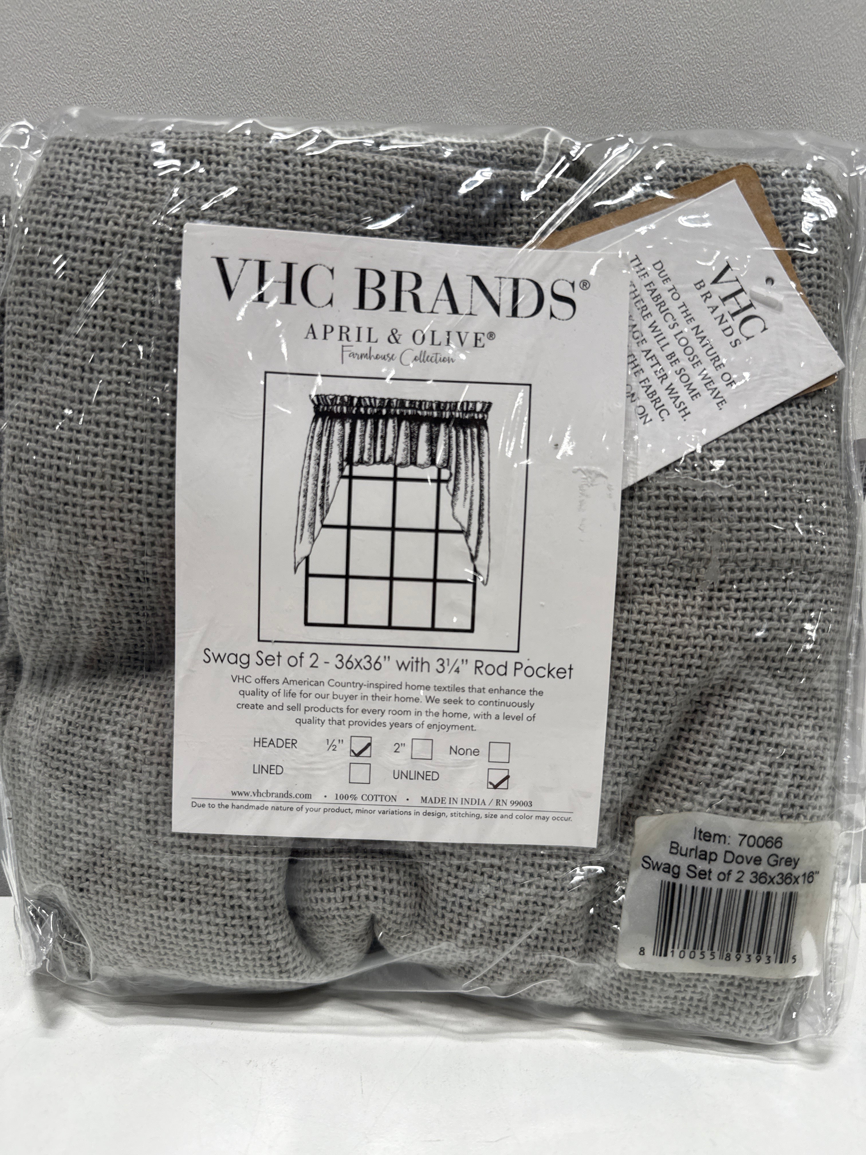 VHC Brands Burlap Dove Grey Farmhouse Curtains Swag Set of 2 36x36x16