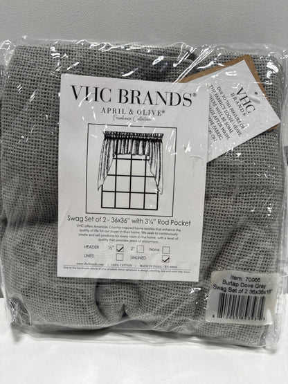 VHC Brands Burlap Dove Grey Farmhouse Curtains Swag Set of 2 36x36x16