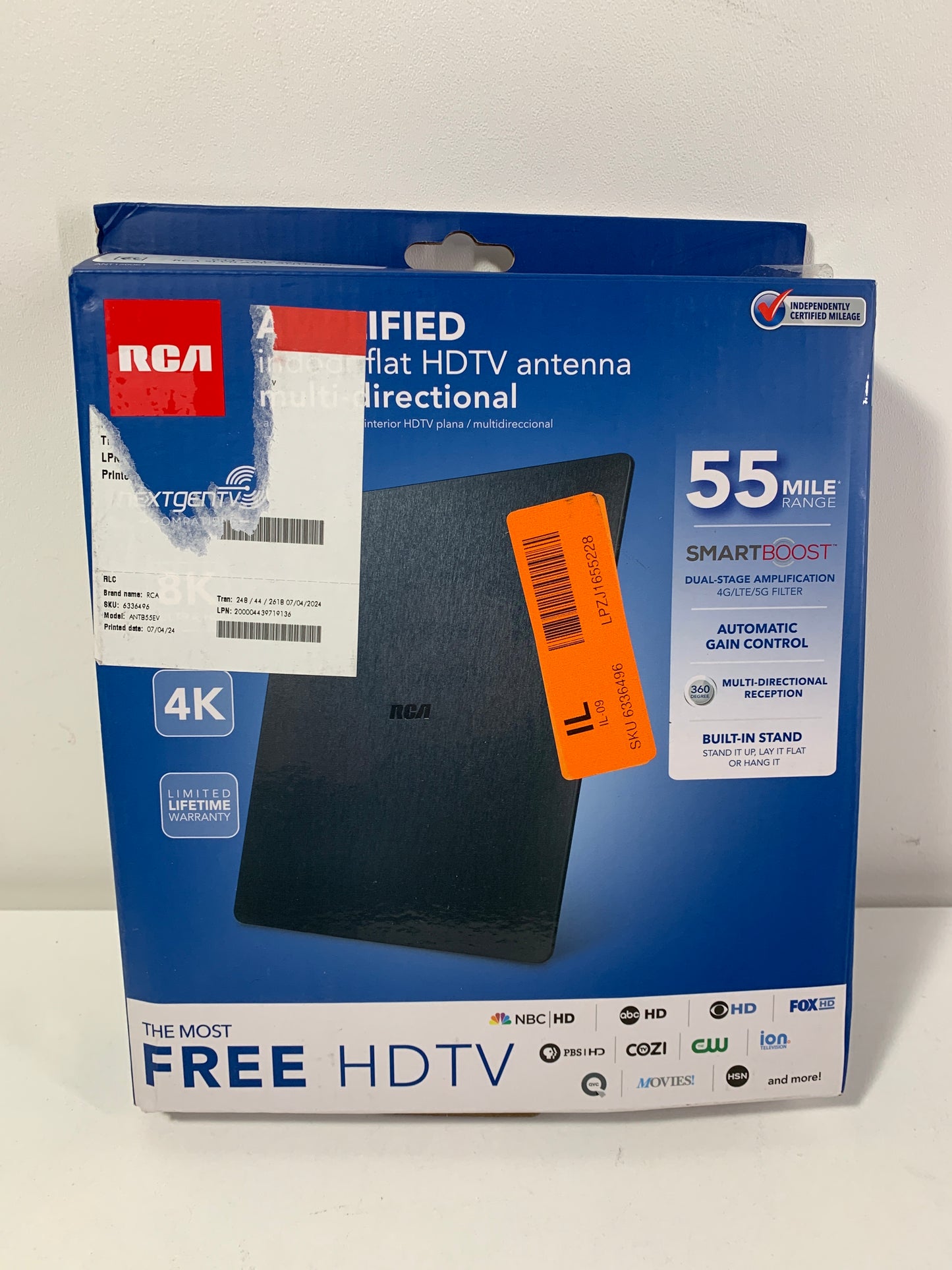 RCA Amplified Indoor Flat Black HDTV Antenna - Multi-Directional with Built-in Stand