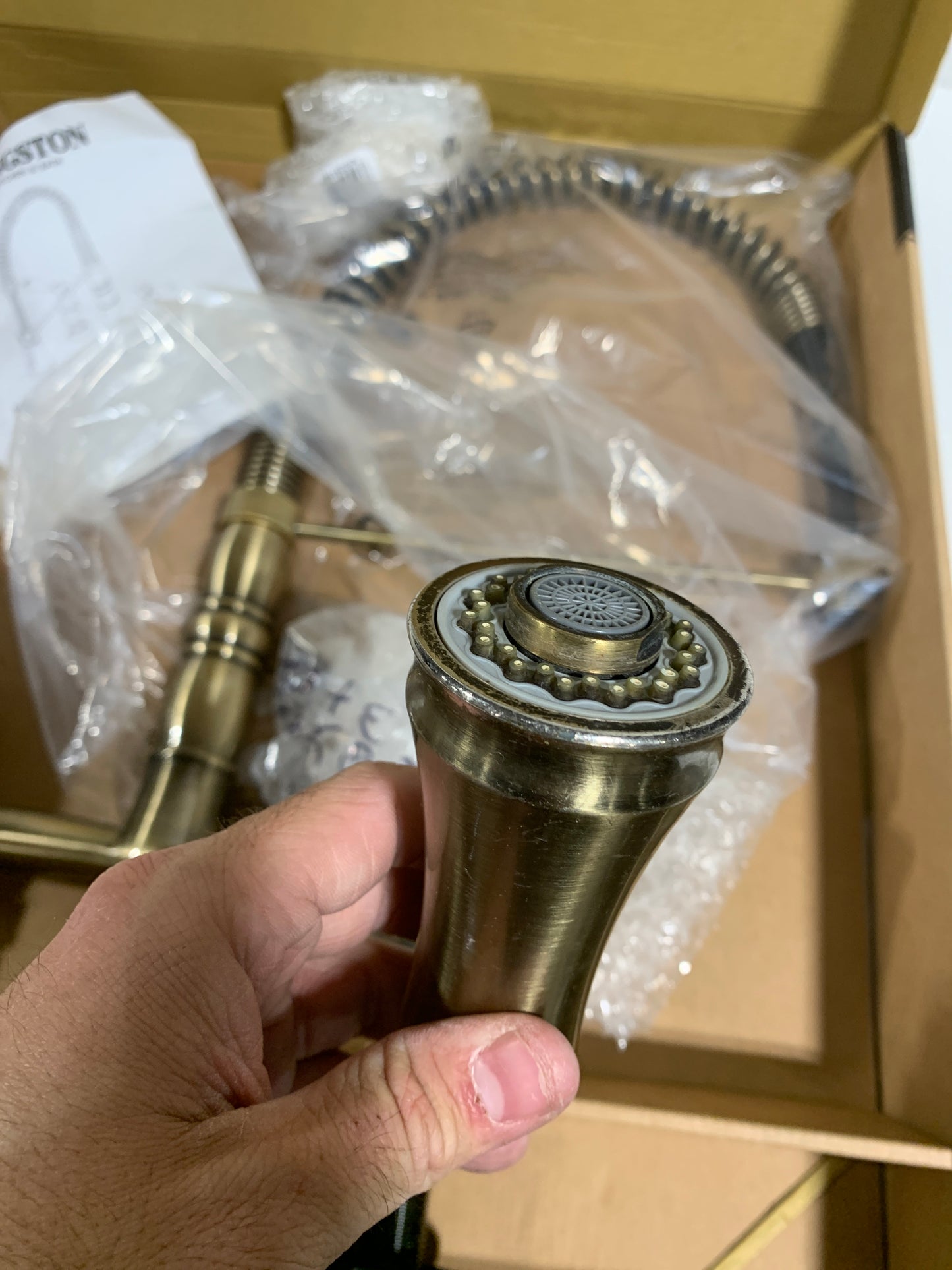 Used- Gourmetier GS1273PL Heritage Two-Handle Deck-Mount Pull-Down Sprayer Kitchen Faucet, Antique Brass