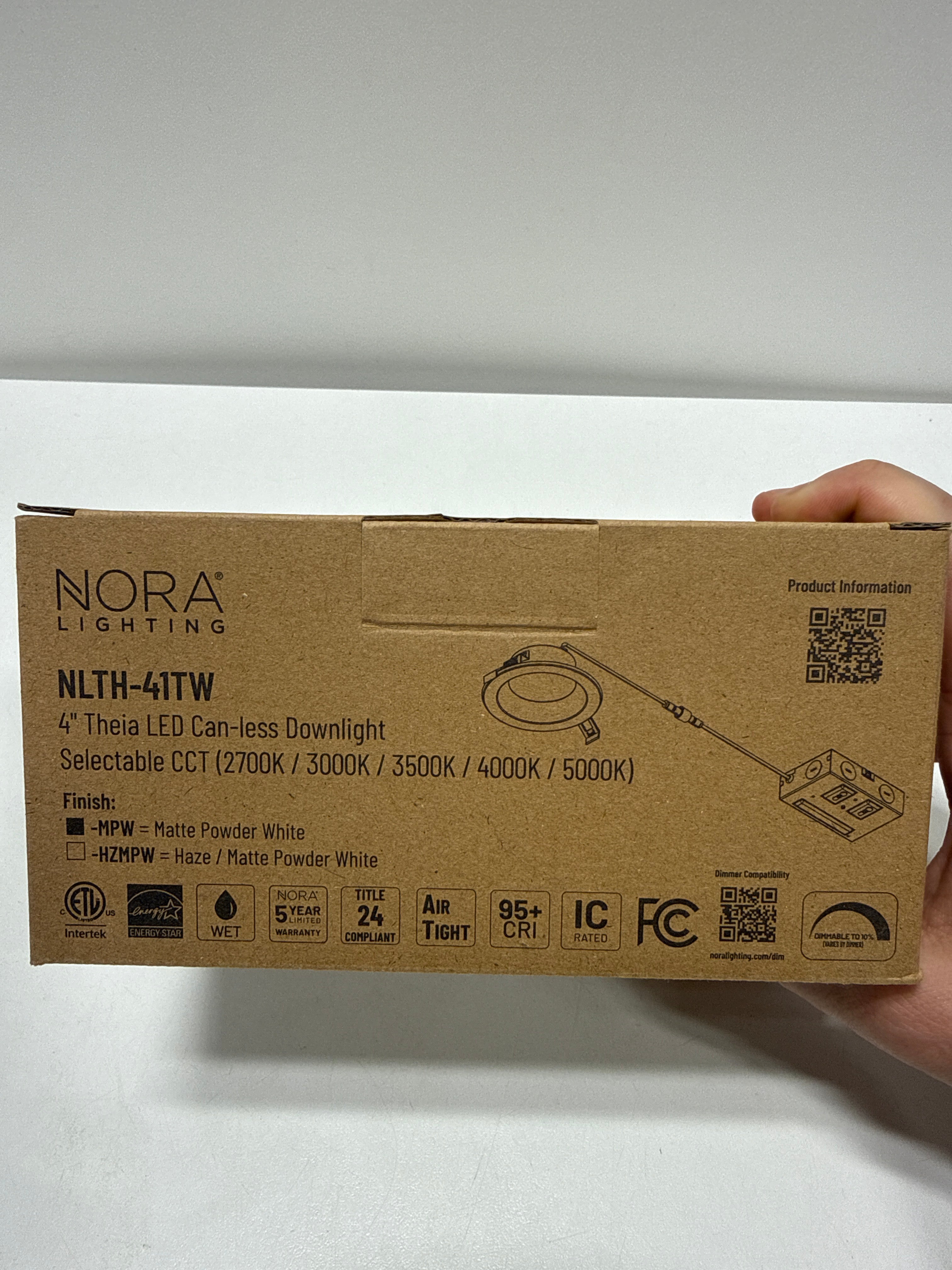 Nora NLTH-41TW-MPW Theia LED Downlight with Selectable CCT (2700K/3000K/3500K/4000K/5000K), No Housing Required (4")