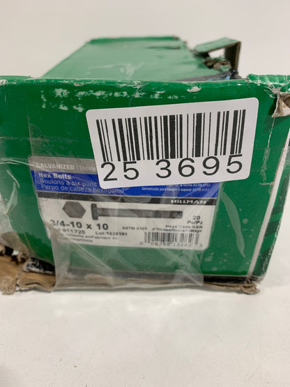 Hillman Group 811725 Hot Dipped Galvanized Hex Bolt, 3/4-Inch X 10-Inch, 20-Pack