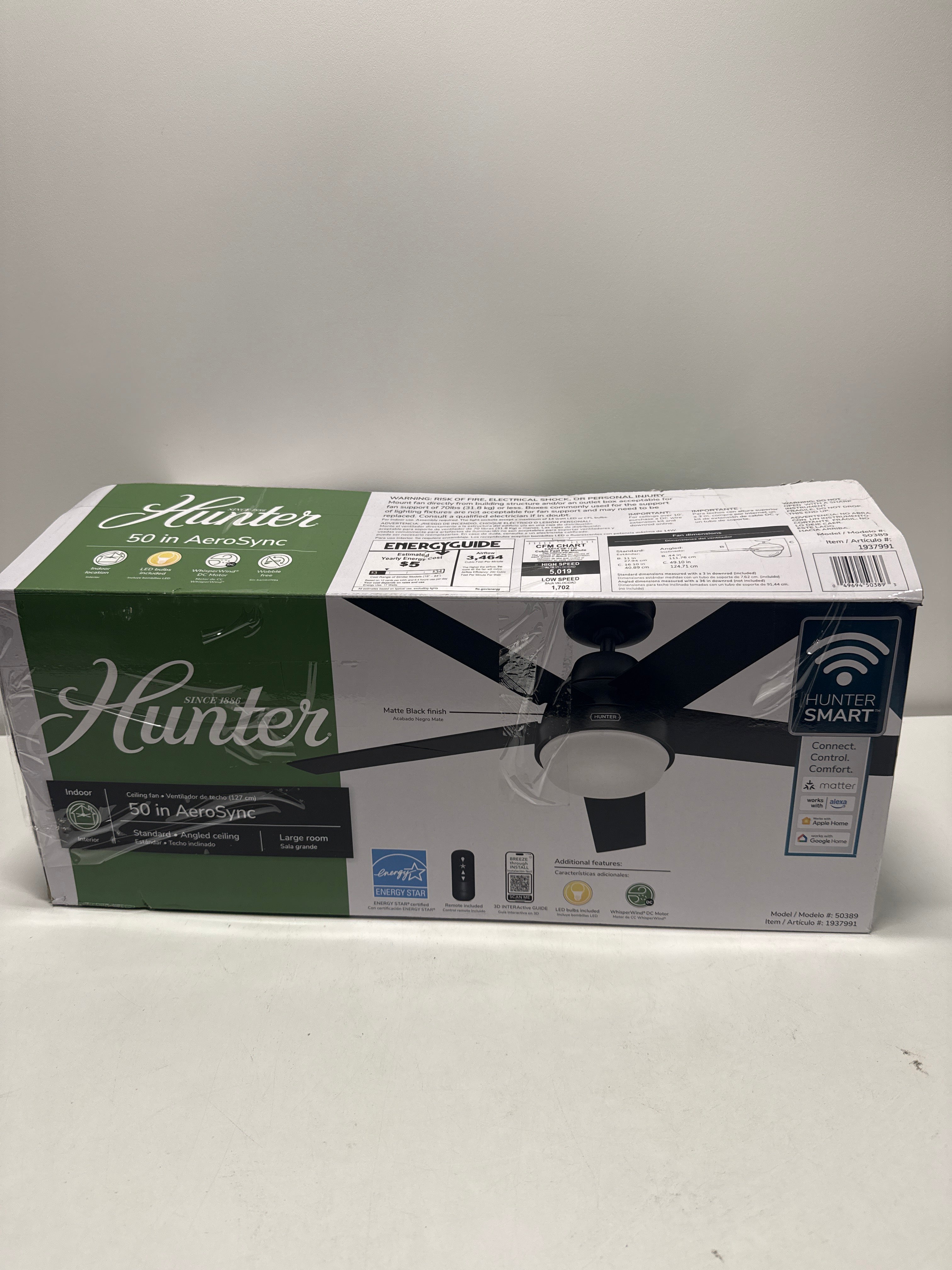 Scratch Hunter AeroSync Smart Ceiling Fan 50 Inch with LED Light Kit, WiFi Enabled, Remote Control, Indoor Modern