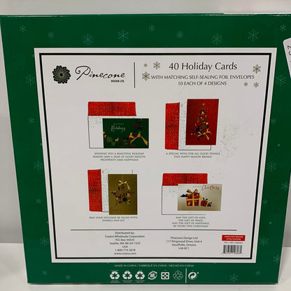 Pinecone Design Ltd. Box of 40, Holiday Christmas Cards W Self Sealing Envelopes