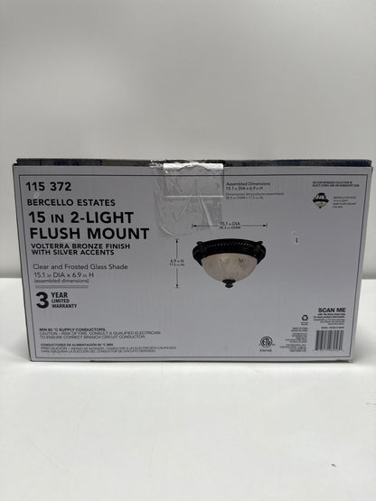 Bercello Estates 15 in. Traditional 2-Light Volterra Bronze Dimmable Flush Mount Ceiling Light with Etched Glass Shade