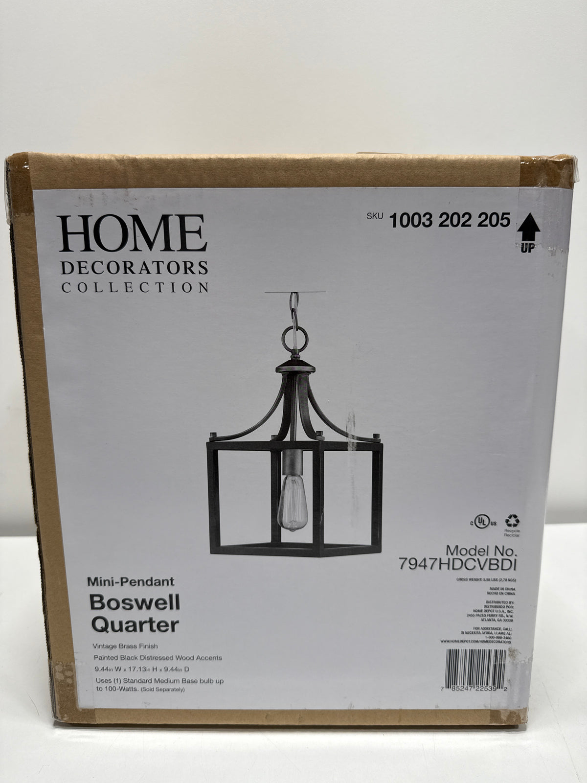 Boswell Quarter 9-1/4 in. 1-Light Vintage Brass Coastal Mini-Pendant with Painted Black Distressed Wood Accents
