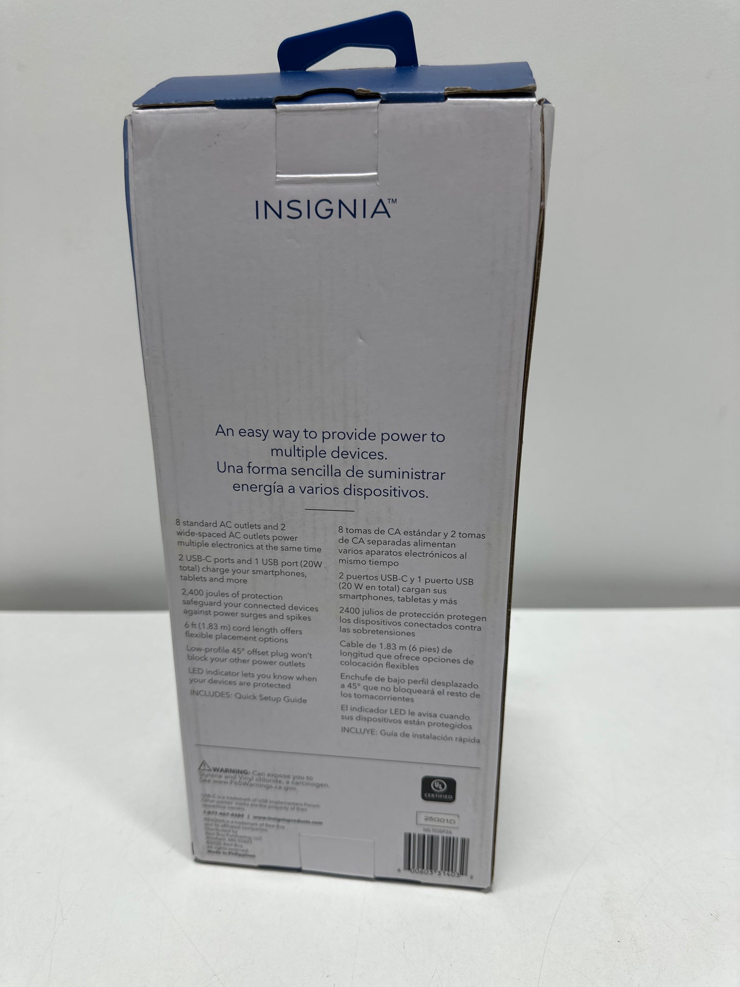 Insignia™ - 10-Outlet / 2-USB-C / 1-USB 2,400 Joules Surge Protector Strip with 6 ft. Power Cord - White - *Lighting &