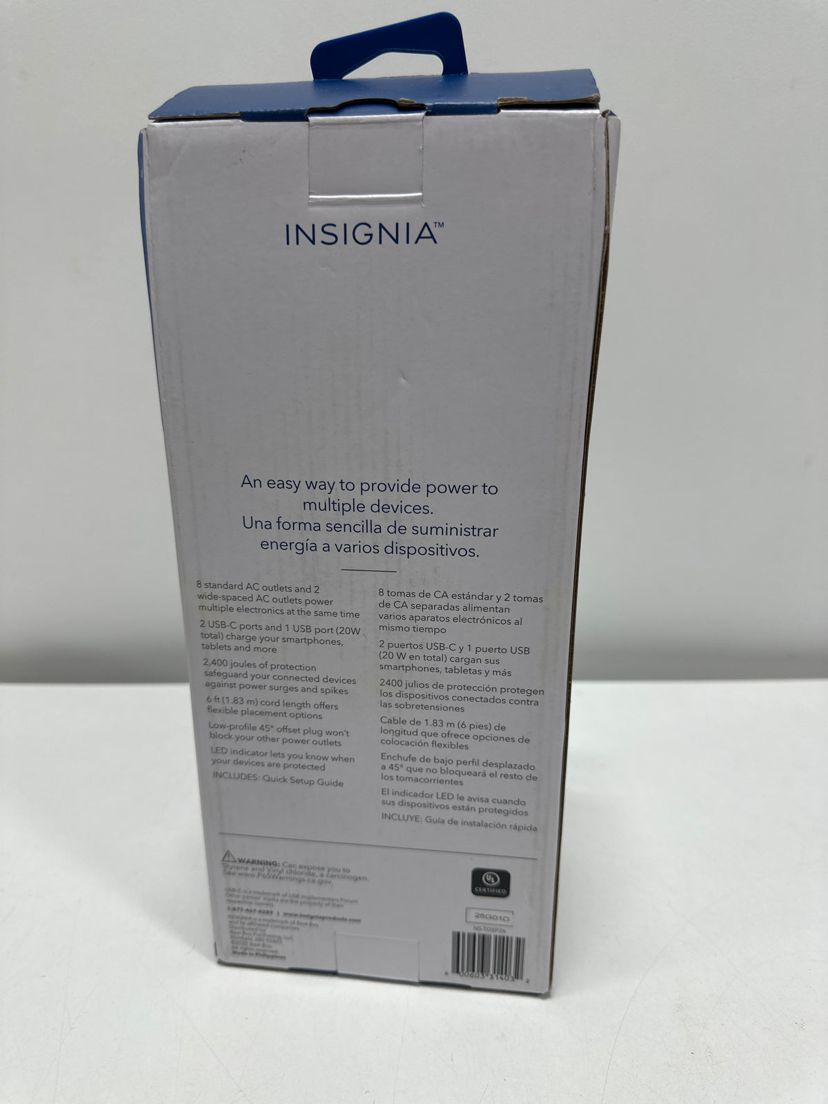 Insignia™ - 10-Outlet / 2-USB-C / 1-USB 2,400 Joules Surge Protector Strip with 6 ft. Power Cord - White - *Lighting &