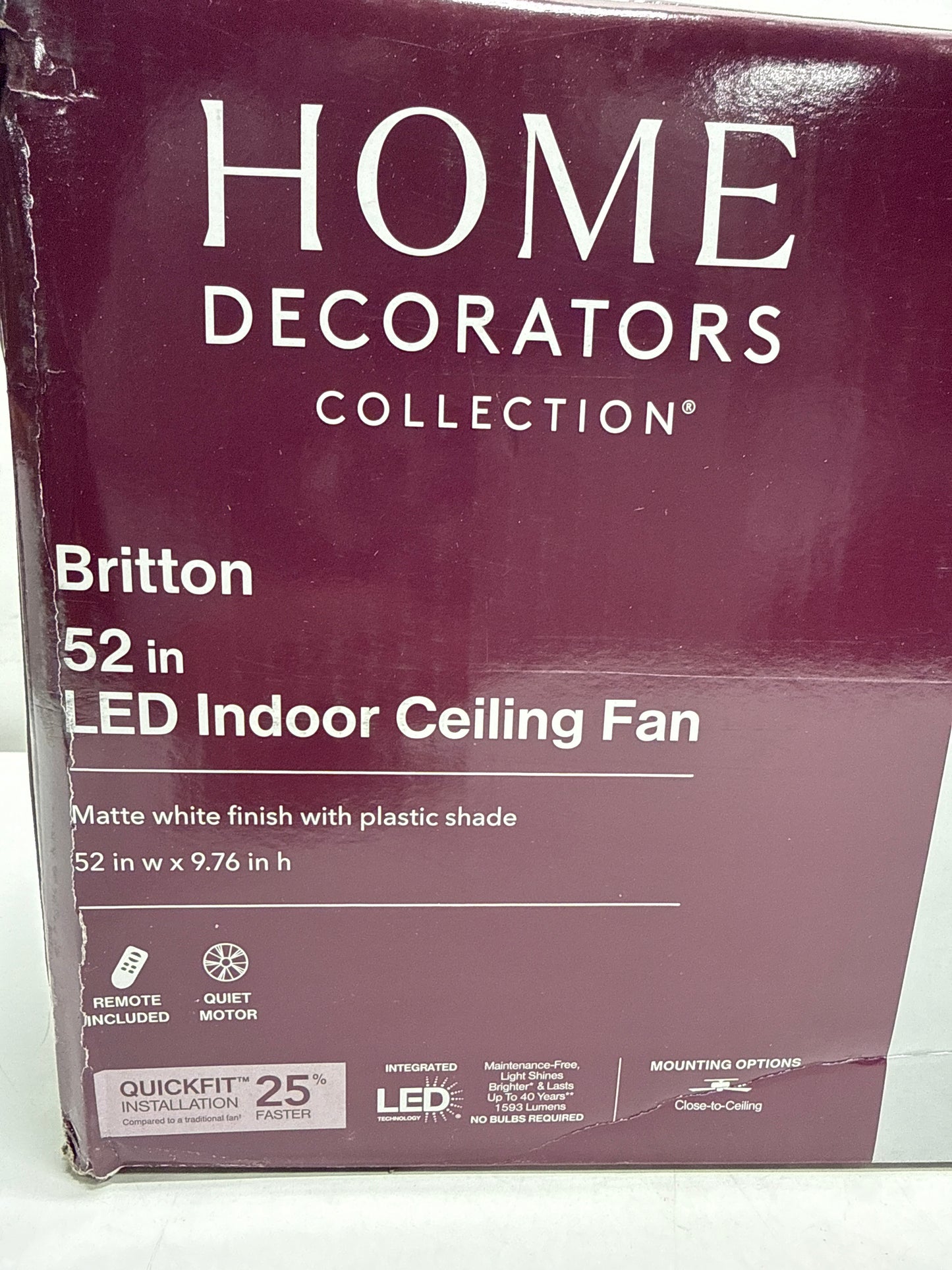 Home Decorators Collection Britton 52 in. Integrated LED Indoor Matte White Ceiling Fan with Light Kit and Remote Control, SW19110 MWH