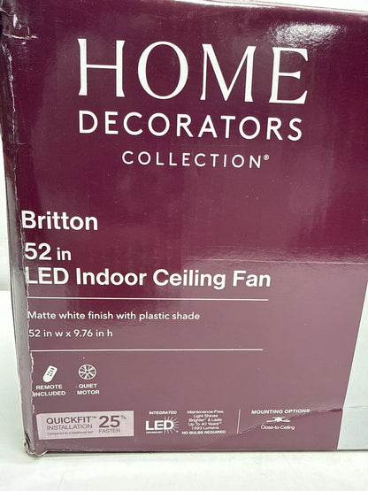 Home Decorators Collection Britton 52 in. Integrated LED Indoor Matte White Ceiling Fan with Light Kit and Remote Control, SW19110 MWH