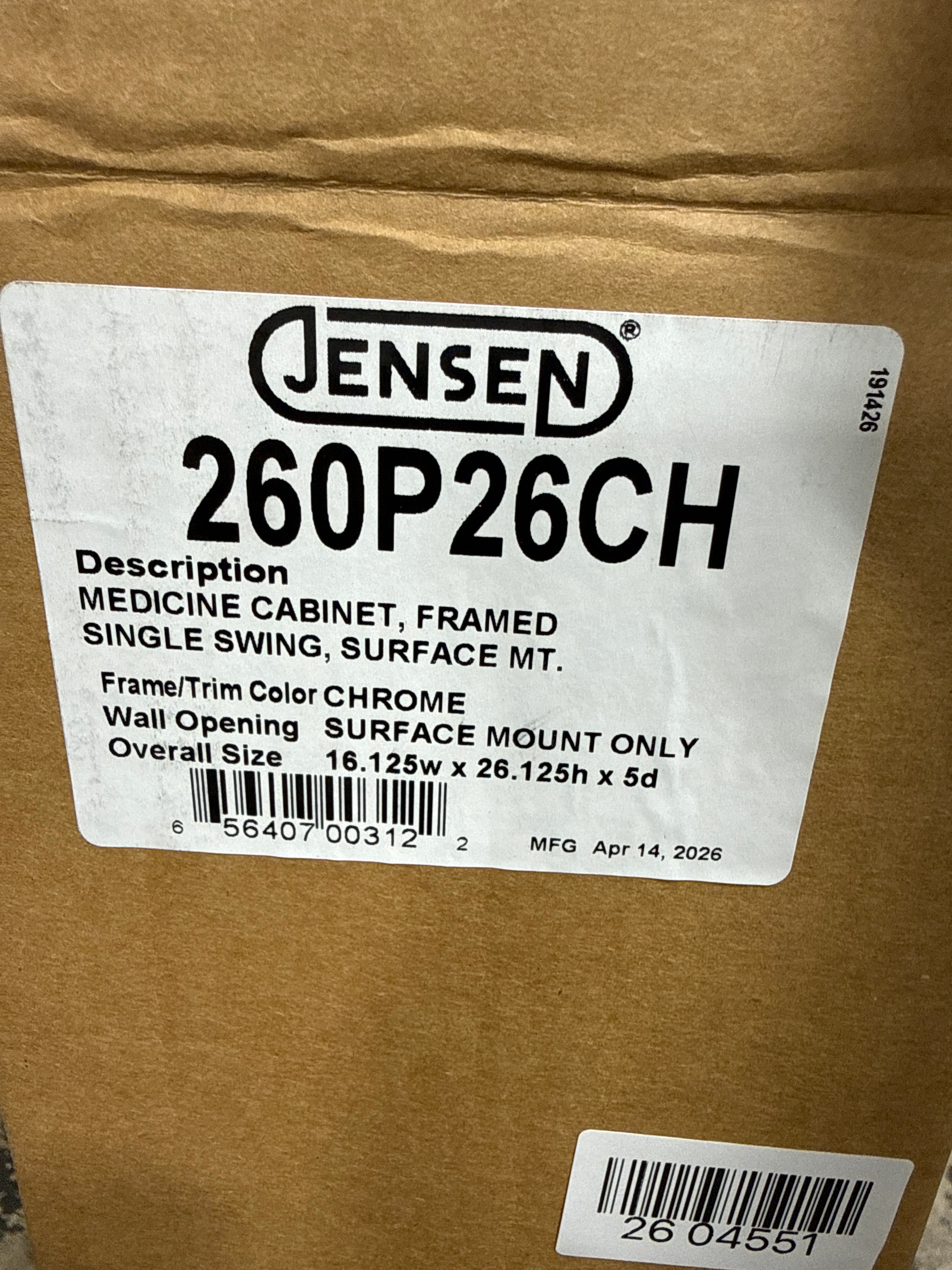 Jensen 260P26CH 16 X 26 in. 1 Door Topsider Surface Mounted Medicine Cabinet