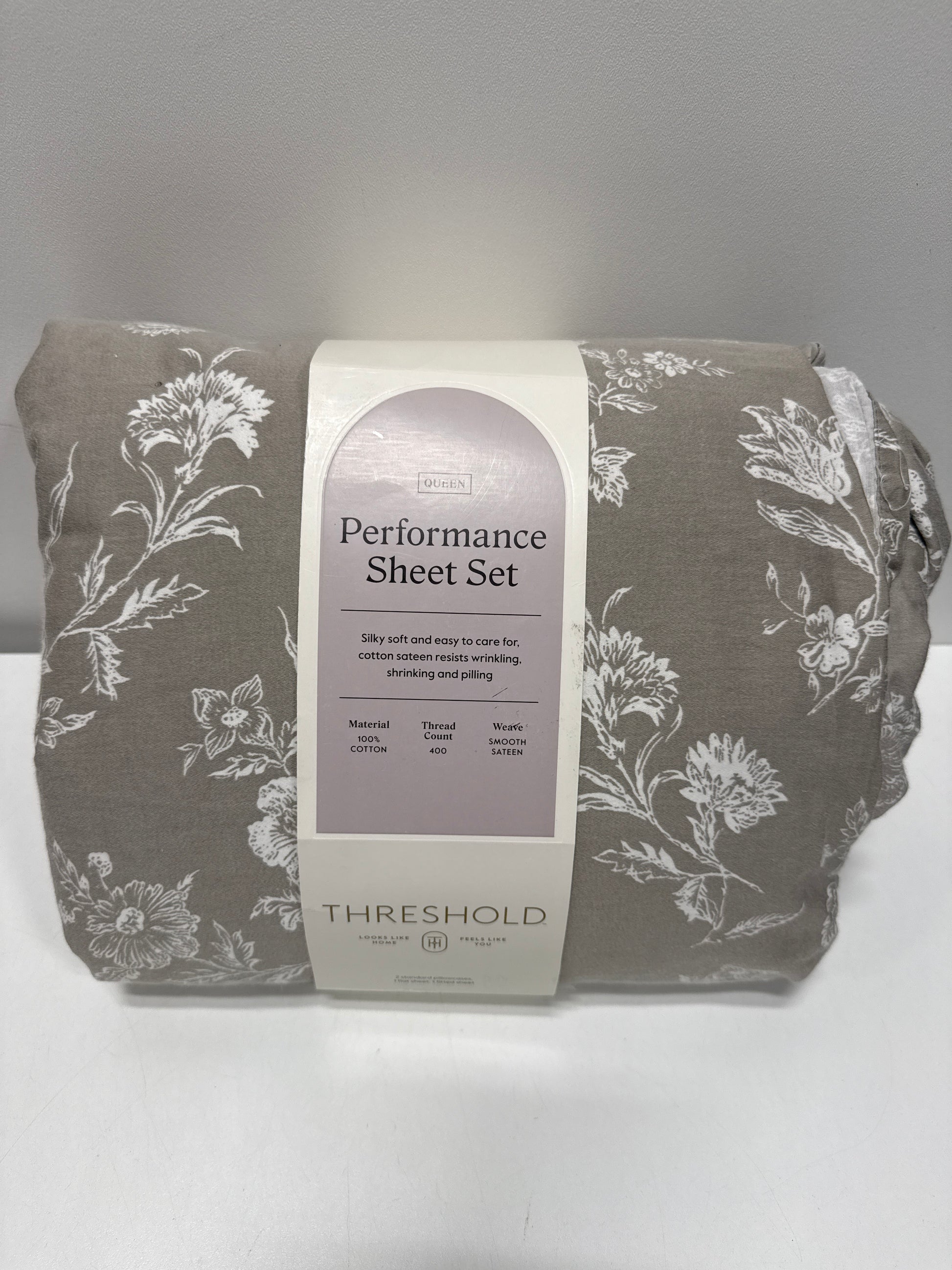 Queen Printed Performance 400 Thread Count Sheet Set Khaki Floral - Threshold™: Cotton Sateen OEKO-TEX Certified