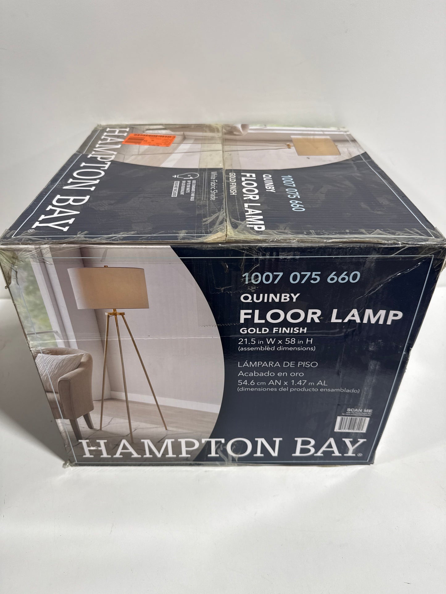 Quinby 58 in. Gold Tripod Floor Lamp with White Fabric Shade