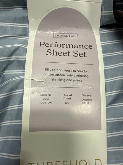 See Desc Twin/Twin XL 400 Thread Count Performance Sheet Set Blue Stripe - Threshold - *Bedding
