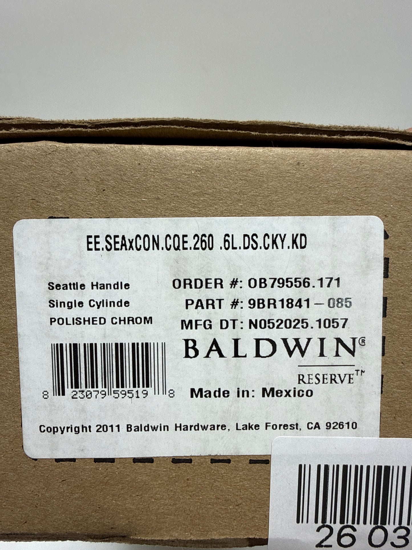 Baldwin EE.SEAxCON.CQE Seattle One Piece Single Cylinder Keyed Entry Handleset with Interior Contemporary Knob