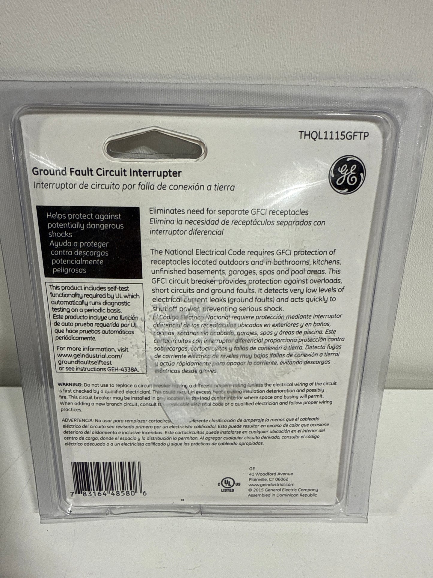15 Amp Single Pole Ground Fault Breaker with Self-Test