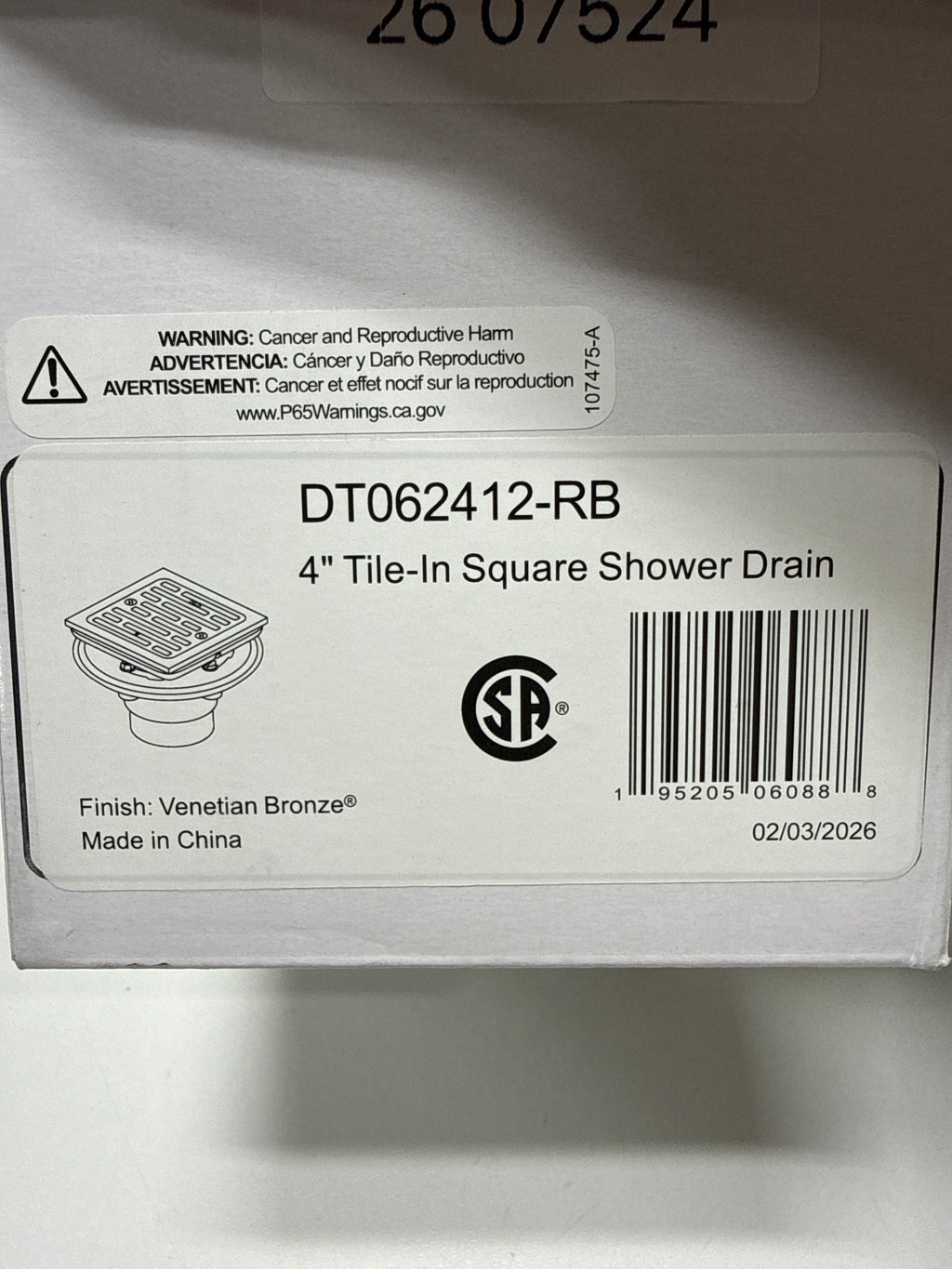 Delta DT062412 4" Tile-in Square Shower Drain Venetian Bronze