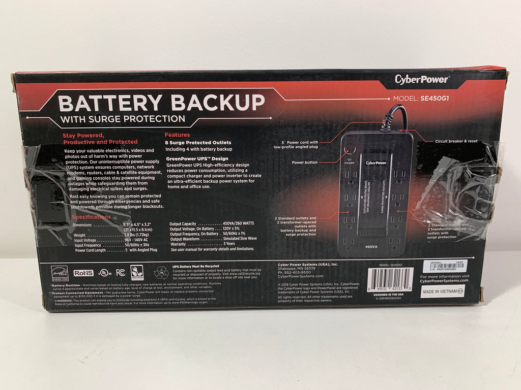 CyberPower SE450G1 - 450VA/260W Black Battery Backup UPS System with 8 Outlets and 5 Ft Cord - *Computers & Office