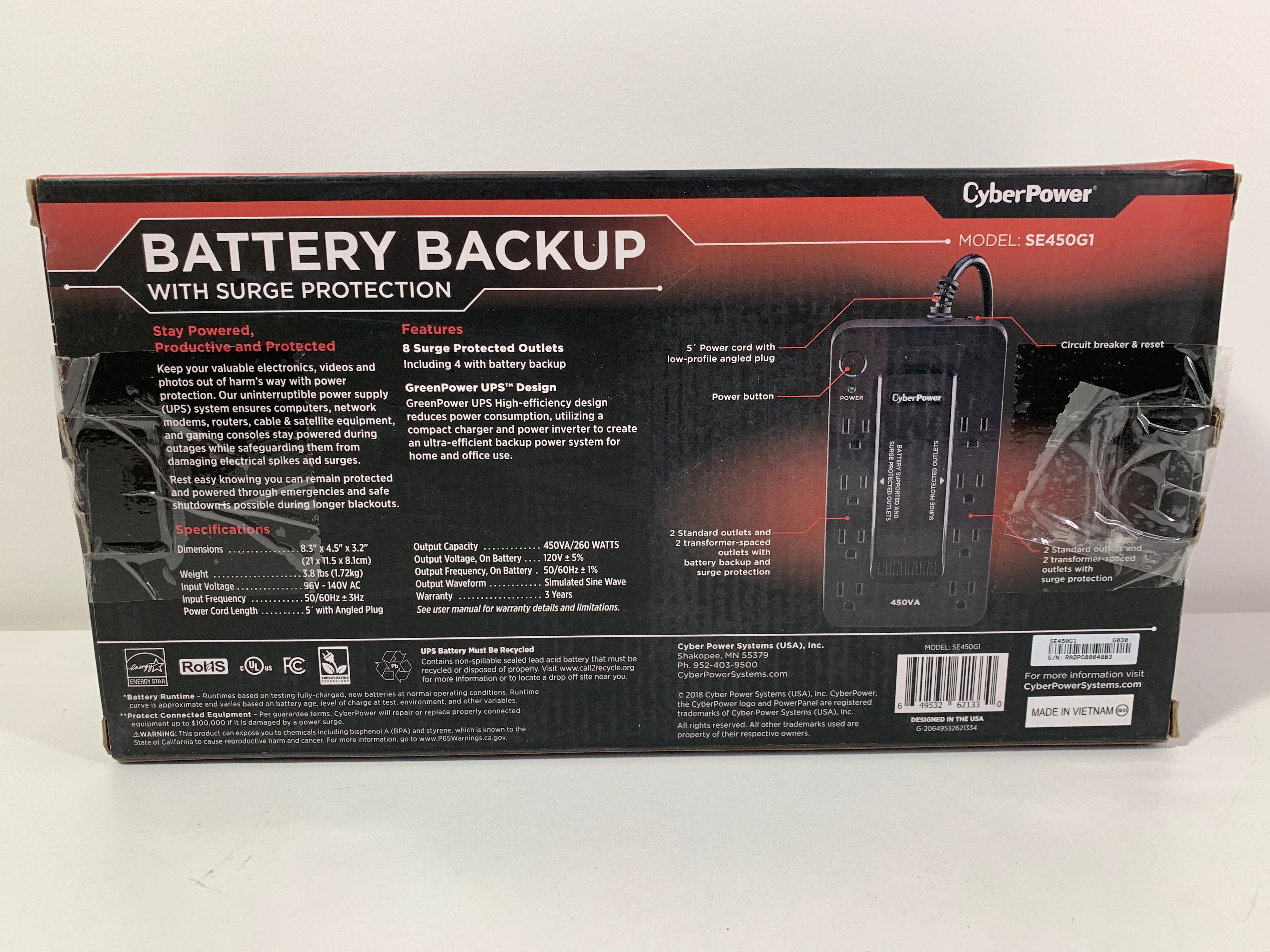 CyberPower SE450G1 - 450VA/260W Black Battery Backup UPS System with 8 Outlets and 5 Ft Cord - *Computers & Office
