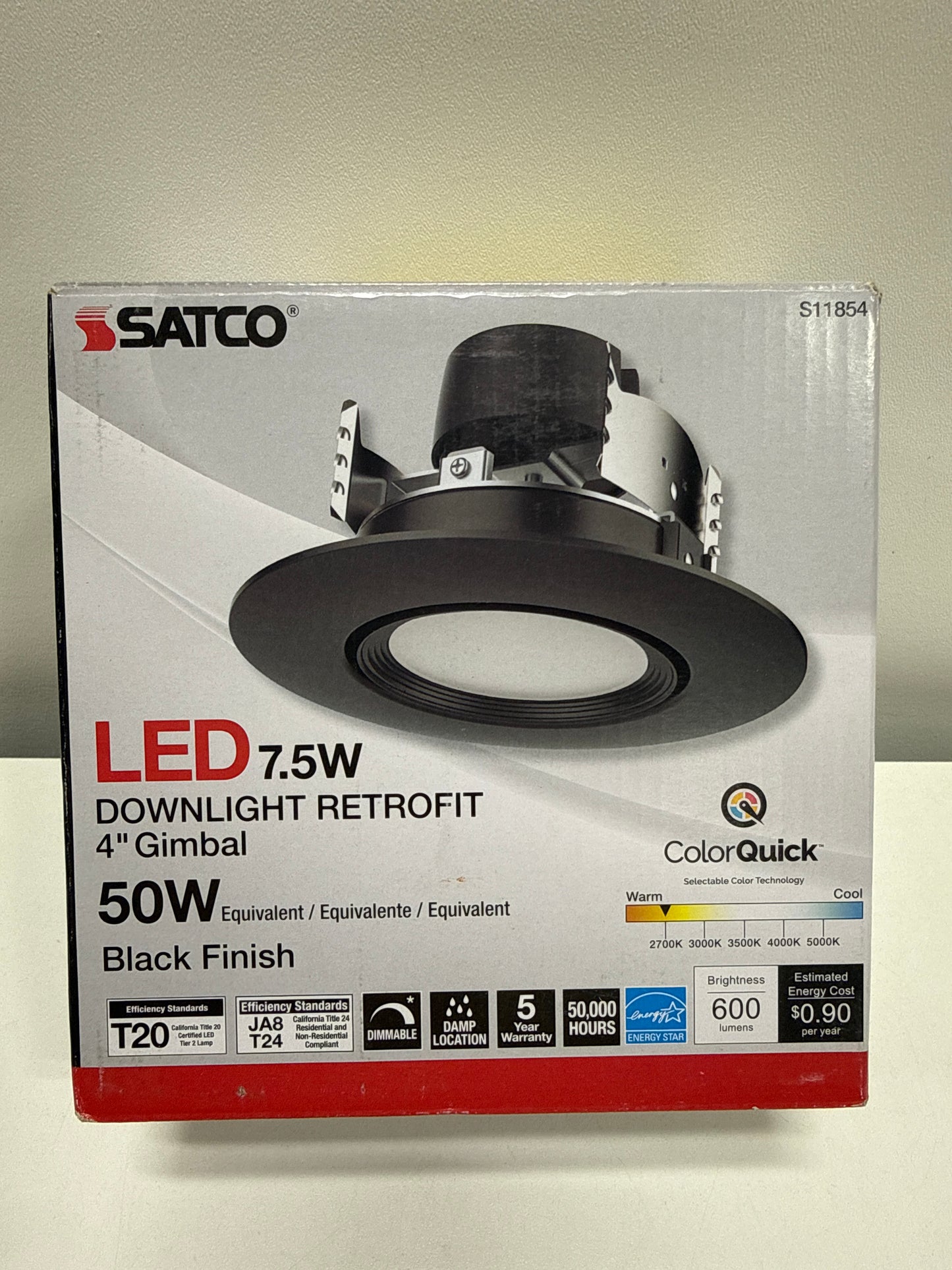 Satco S11854 7.5W CCT Selectable LED Direct Wire Gimbaled Downlight Retrofit in Utilitarian Style-3.54 Inches Tall