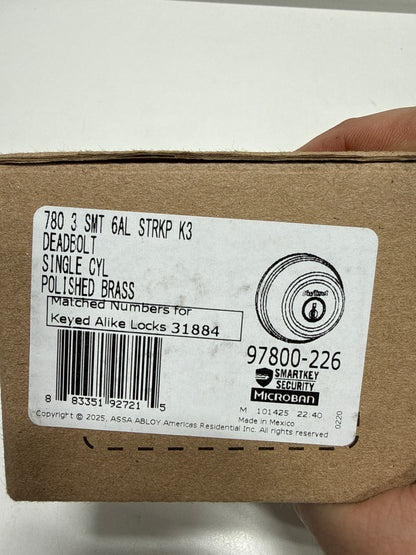 Kwikset 780-S.STRKP 780 Single Cylinder Keyed Entry Deadbolt with SmartKey from the Signature Series Polished Brass