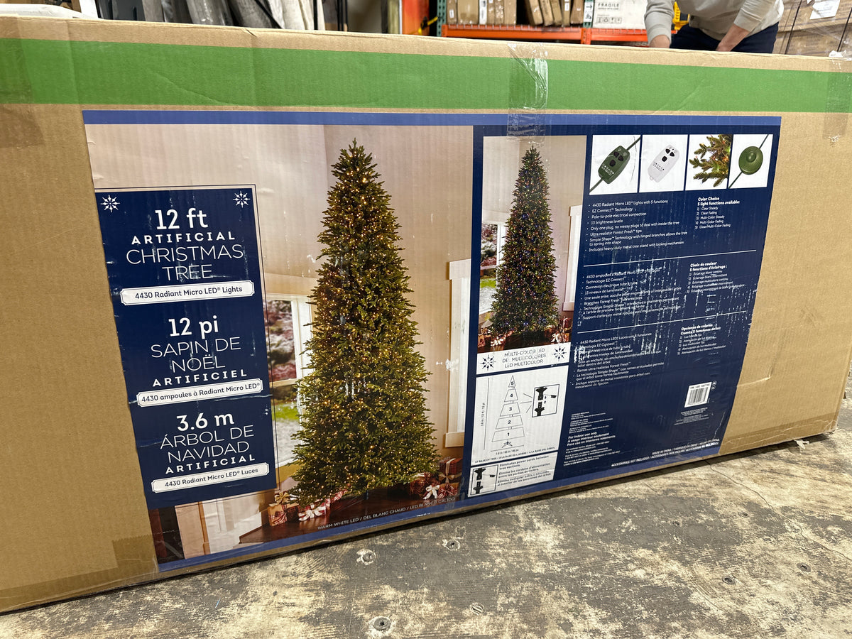 See Desc Kirkland 12 ft Pre-Lit Aspen EZ Connect Artificial Christmas Tree 4430 Color-Changing Radiant Micro LED Lights