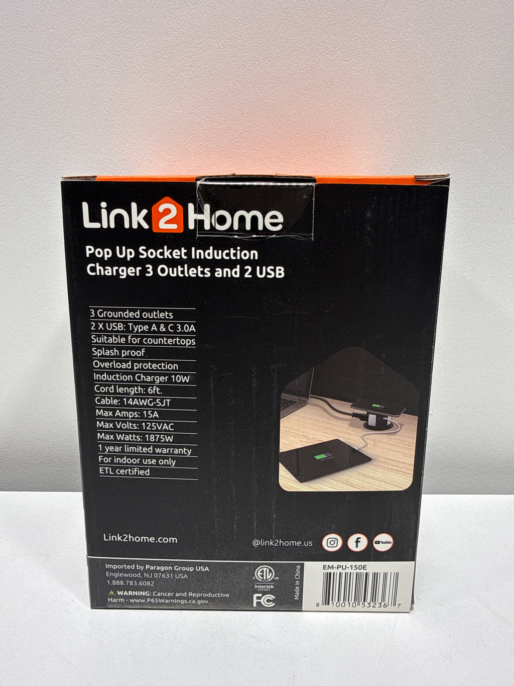 Link2Home Wireless Charging Pop up Outlet with USB 3 Outlets Black