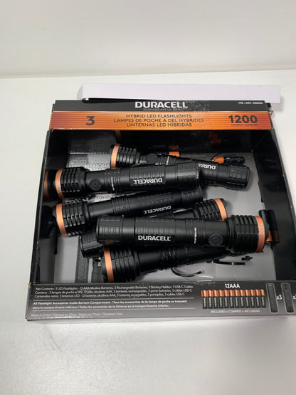 DURACELL Durabeam Ultra Hybrid LED Flashlights, 1200 Lumens, Set of 5, with Rechargeable and AAA Alkaline Batteries